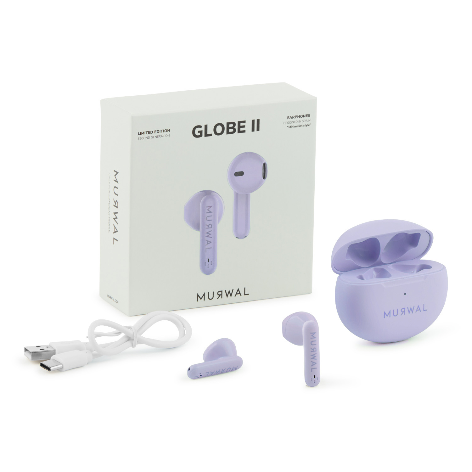 Una caja blanca con auriculares morados, estuche de carga y cable sobre una superficie blanca. La caja dice 'Globe II' y 'Murwal'.