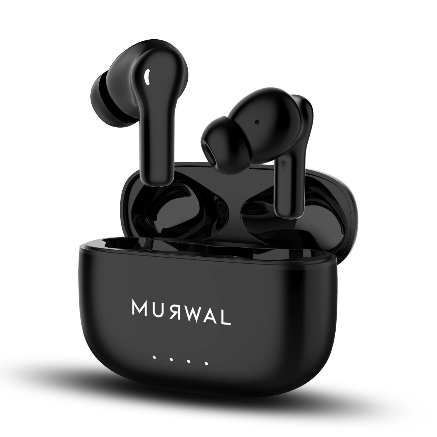 Auriculares inalámbricos negros con estuche de carga. El estuche está abierto mostrando los auriculares y tiene la marca 'MUЯWAL'.