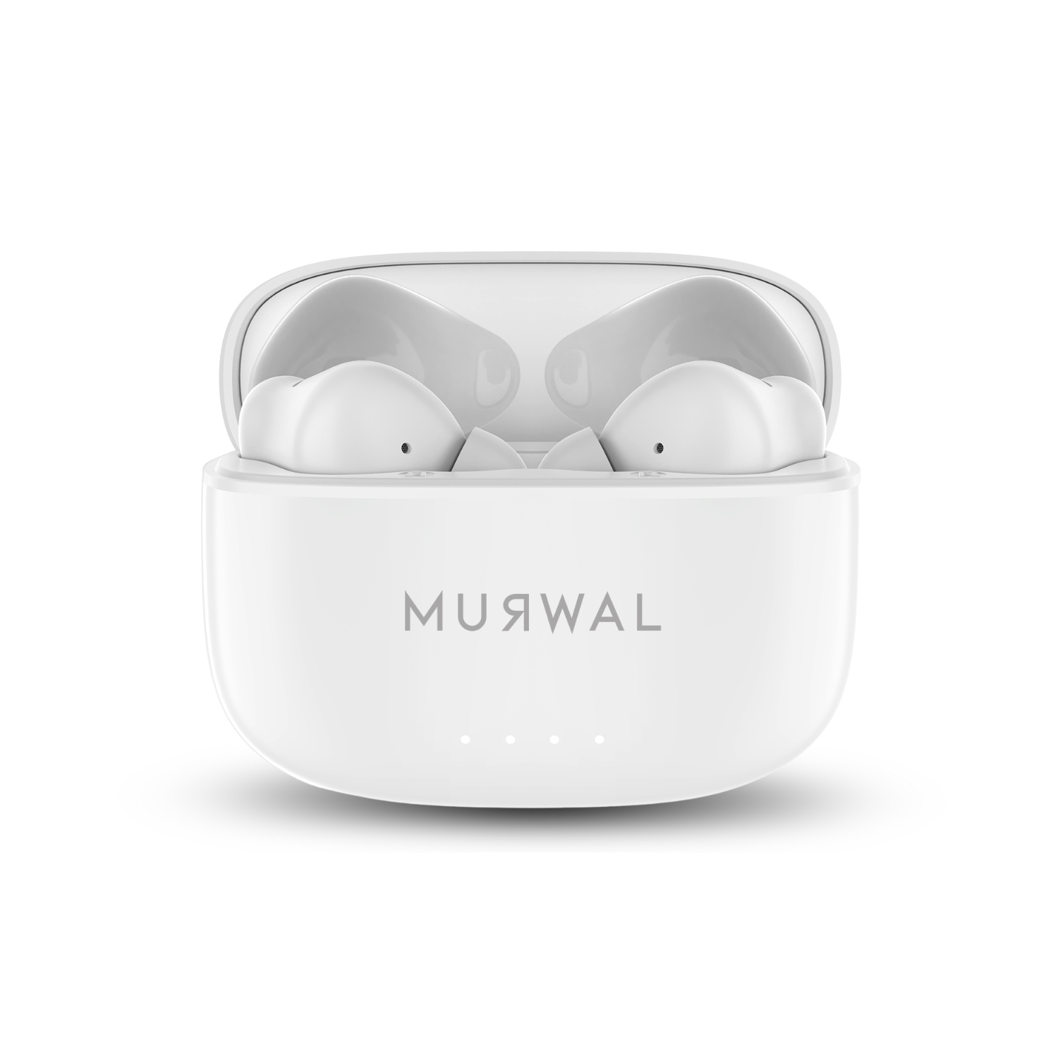 Auriculares MUЯWAL blancos en un estuche de carga abierto. El estuche tiene el nombre de la marca e indicadores de carga. Fondo blanco.