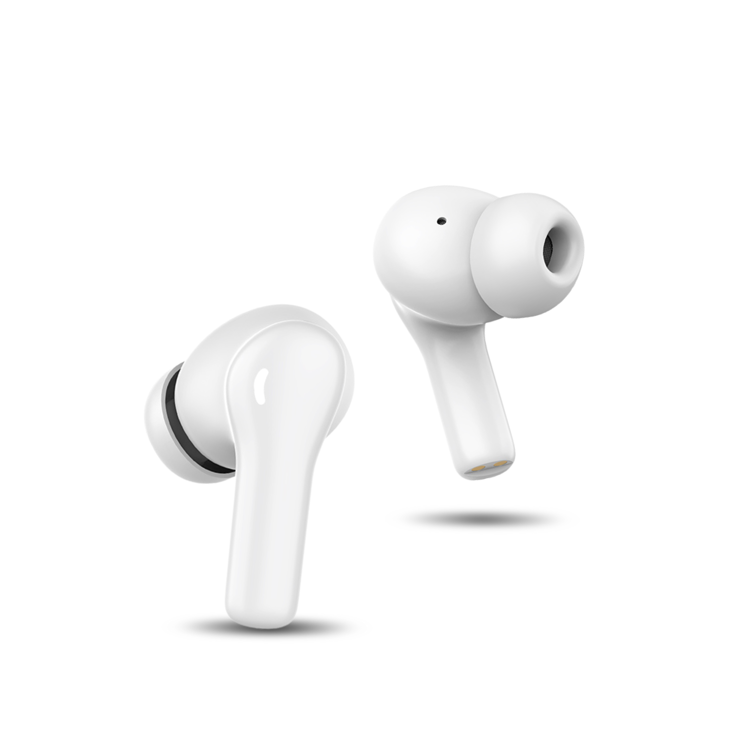 Dos auriculares inalámbricos blancos con acabado brillante, sobre un fondo blanco limpio. Uno está ligeramente inclinado.