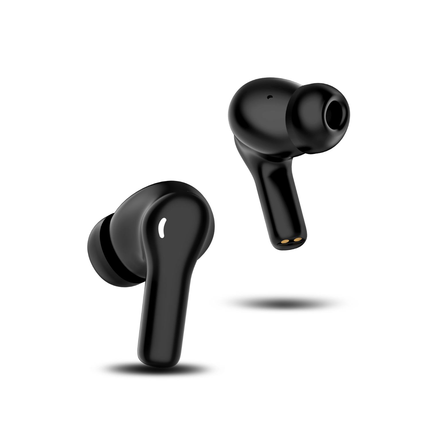 Dos auriculares inalámbricos negros sobre un fondo blanco. Uno está en ángulo, el otro está más cerca y en ángulo, ambos con tallos.