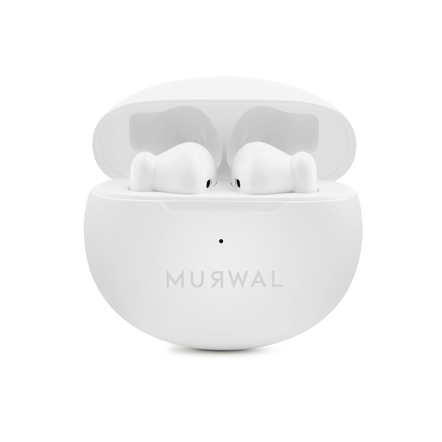 Auriculares blancos en un estuche de carga abierto. El estuche tiene el nombre de la marca. Los auriculares son blancos y están en el estuche.