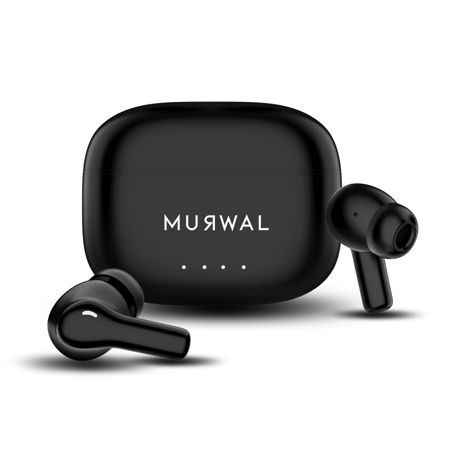 Un juego de auriculares inalámbricos negros con un estuche de carga. El estuche tiene la marca 'MUЯWAL'. Dos auriculares están fuera del estuche.