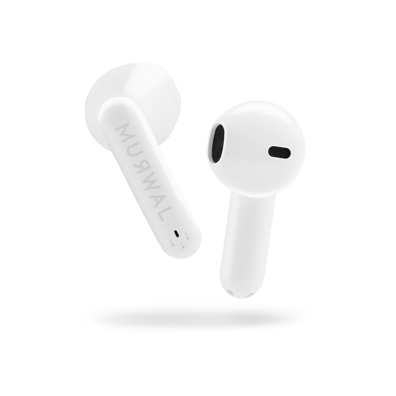 Dos auriculares inalámbricos blancos, uno con la marca 'MUЯWAL', sobre un fondo blanco.