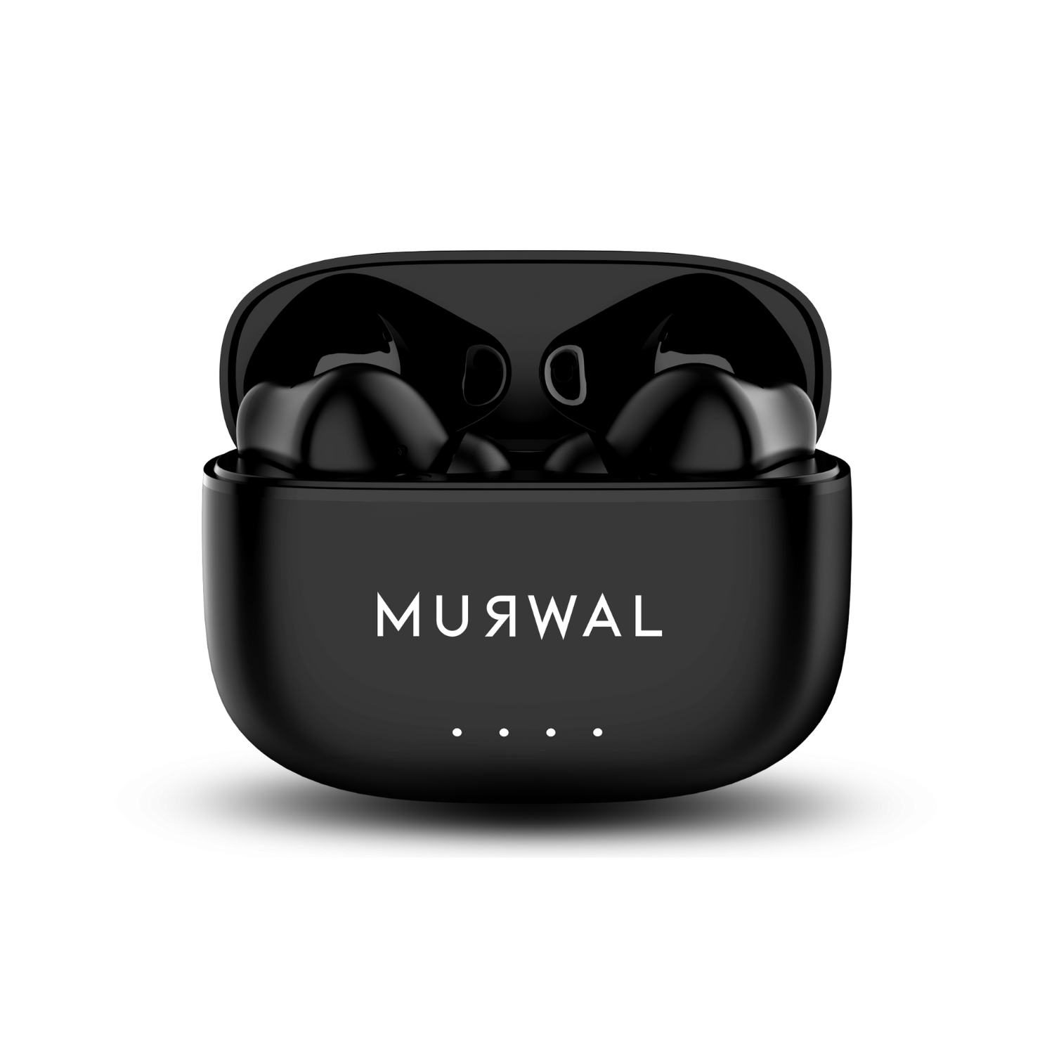 Un estuche negro para auriculares MU9WAL con auriculares dentro. El estuche está abierto, mostrando los auriculares. Fondo blanco.