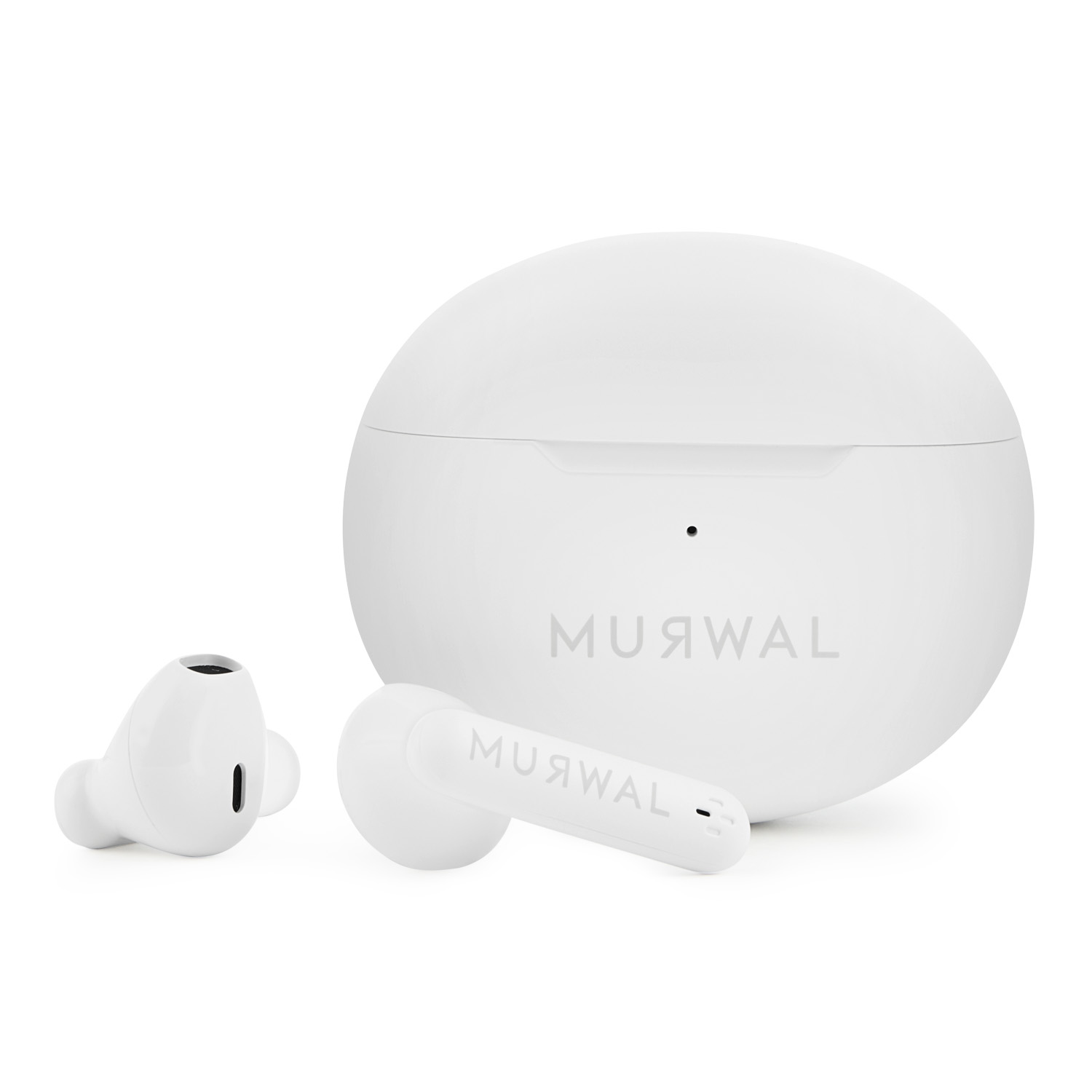 Auriculares blancos y estuche de carga sobre fondo blanco. Los auriculares y el estuche tienen la marca 'MUЯWAL' impresa.