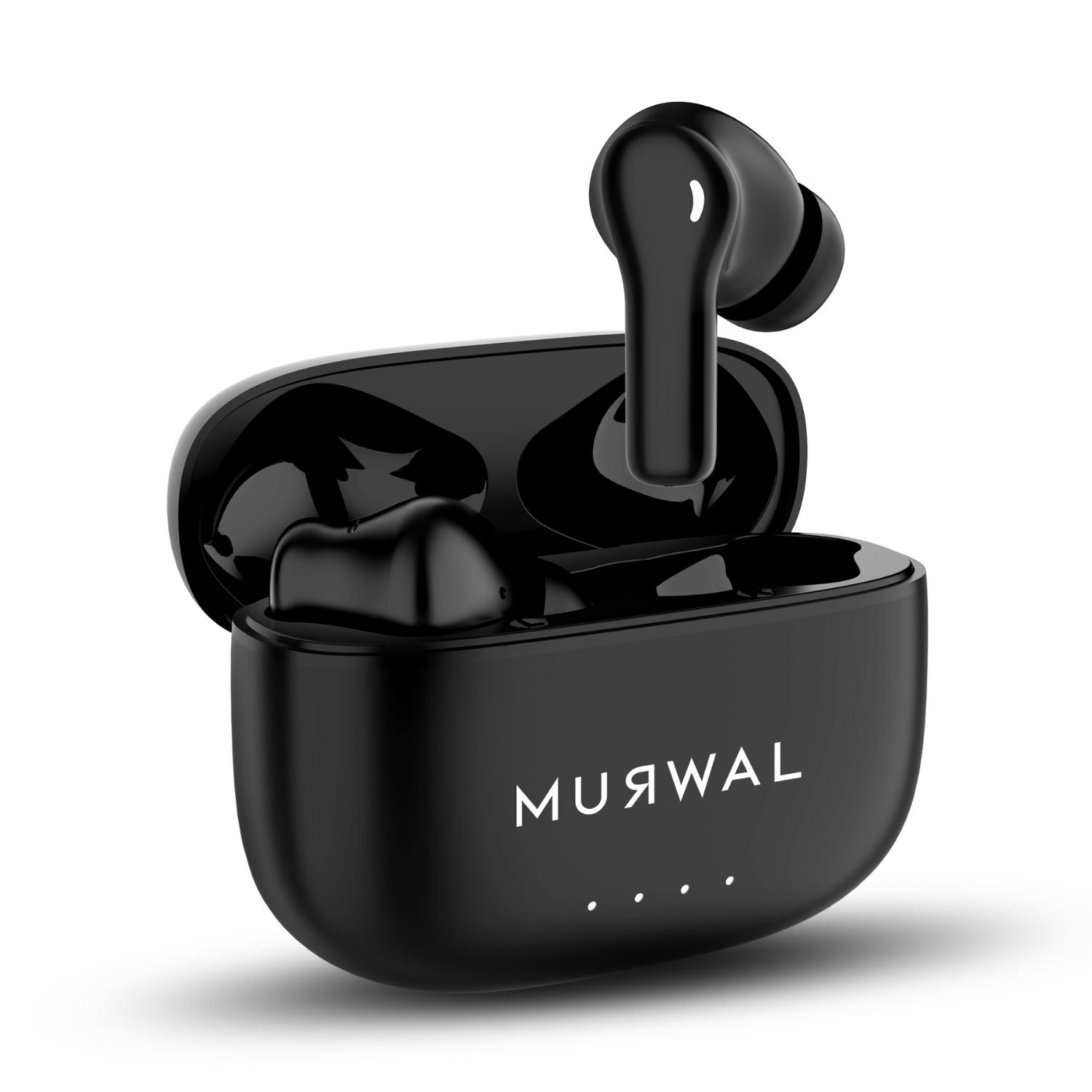 Auriculares inalámbricos negros con estuche de carga. Un auricular está fuera. El estuche tiene la marca MUЯWAL.