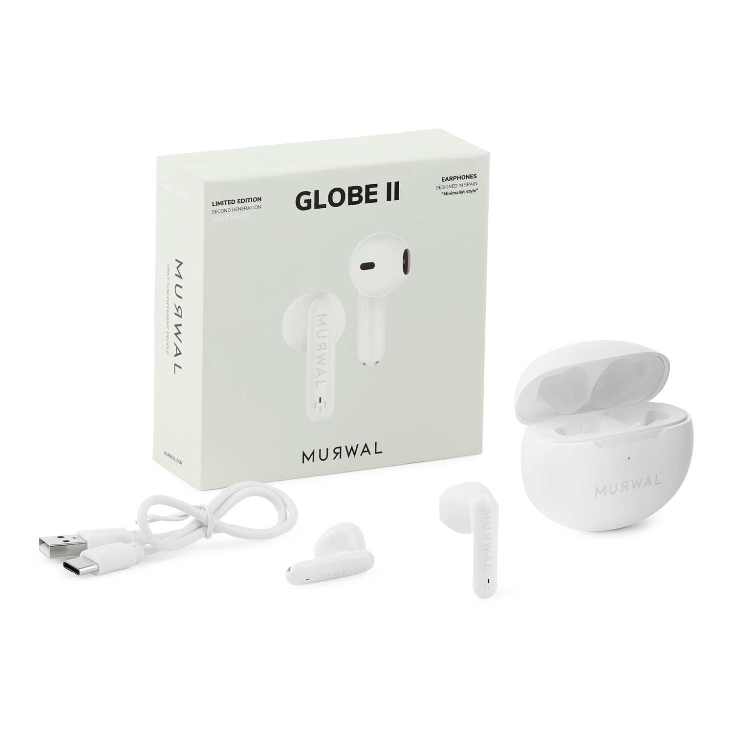 Auriculares Globe II blancos con estuche de carga, cable y caja. La caja y el estuche están abiertos. La marca es MURWAL.