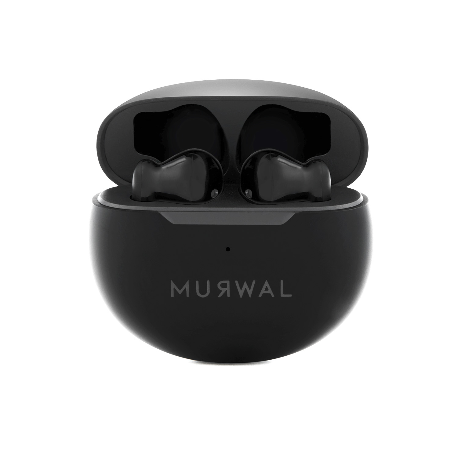Auriculares MU9WAL negros en un estuche de carga abierto sobre fondo blanco. Los auriculares son de color negro brillante. La funda también es negra.