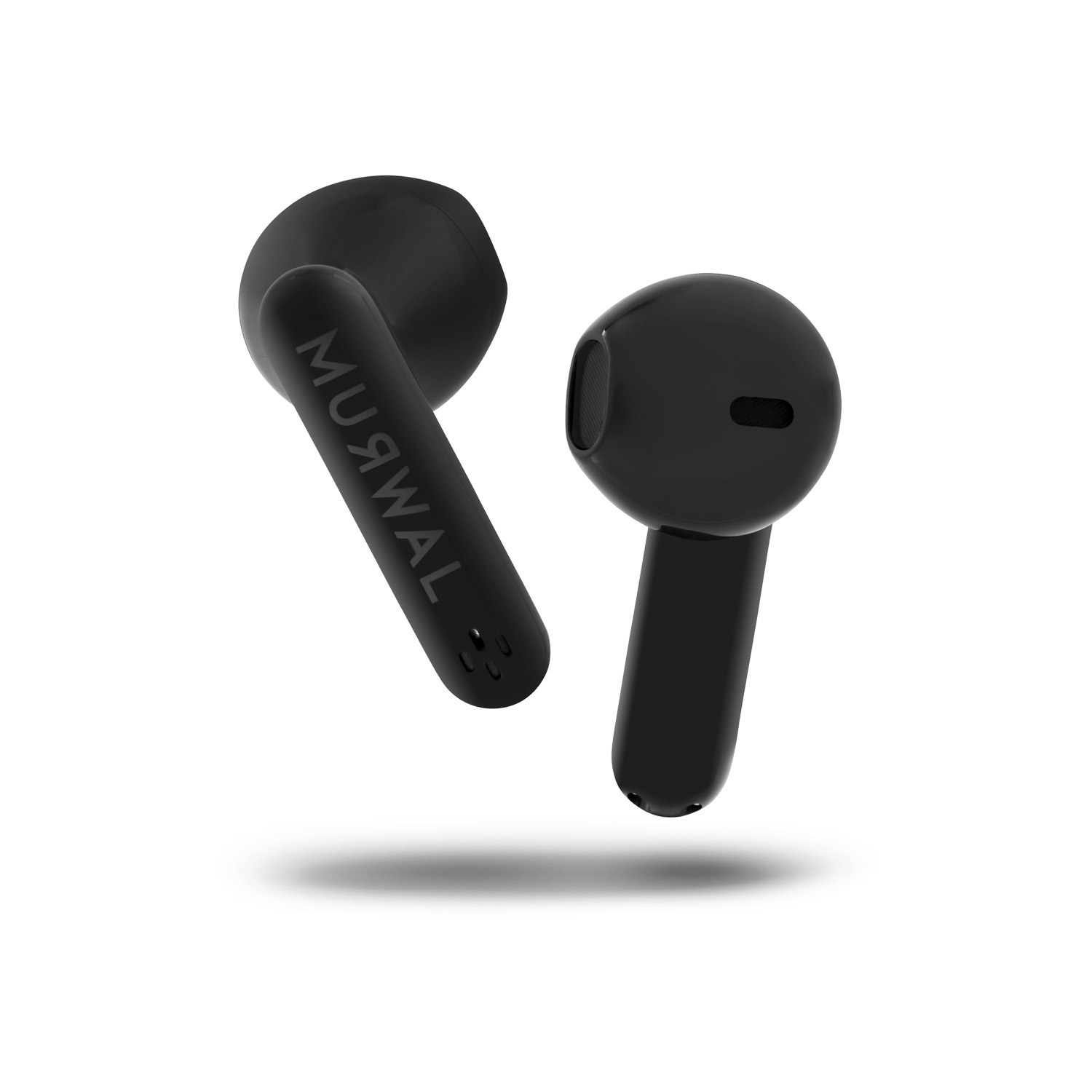 Dos auriculares inalámbricos negros sobre fondo blanco. Uno tiene la palabra 'MUЯWAL' impresa. Ambos tienen sombras.