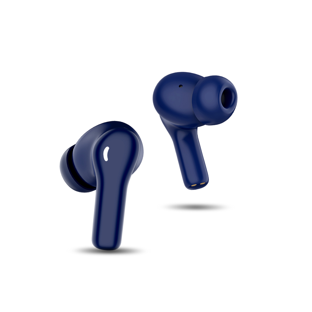 Dos auriculares inalámbricos azul marino sobre fondo blanco. Un auricular está en ángulo hacia el espectador, el otro ligeramente detrás.