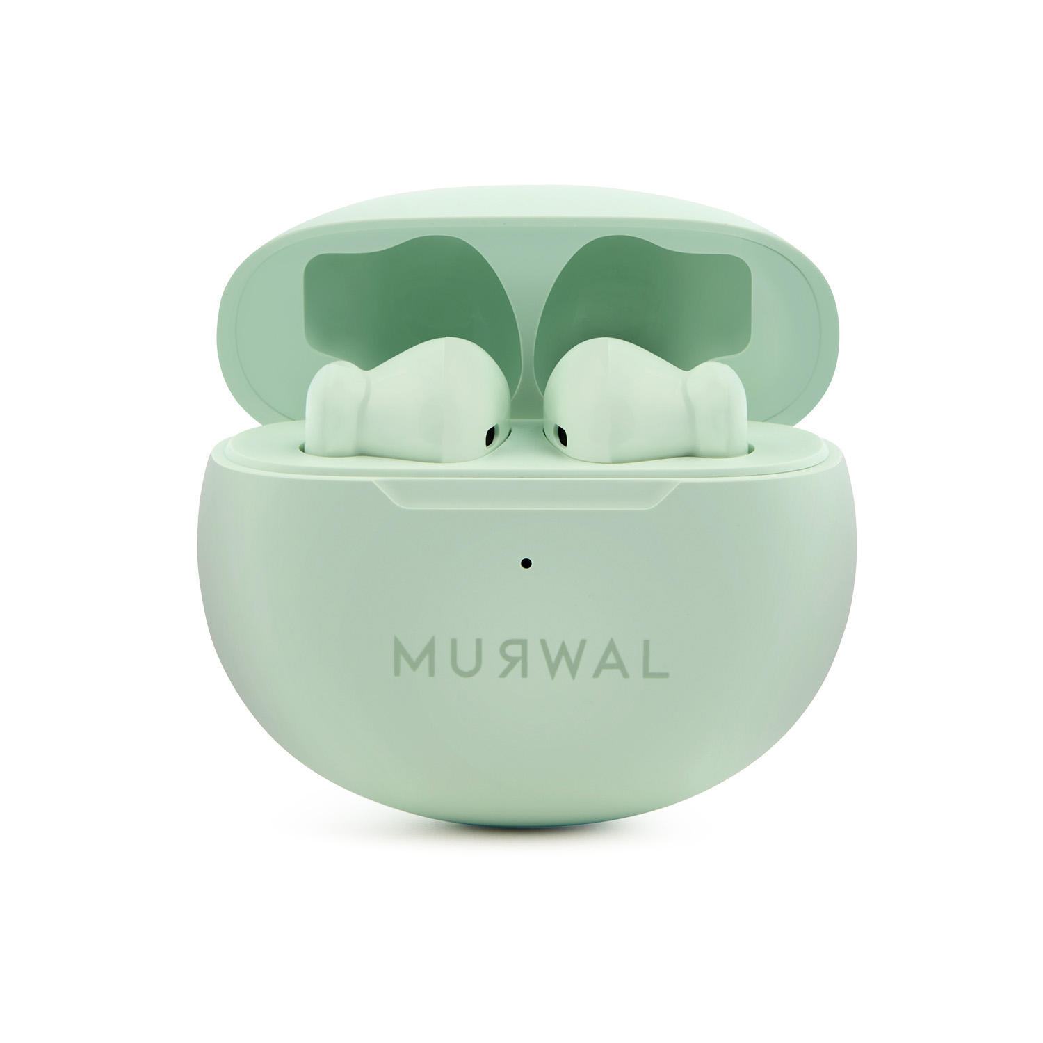 Estuche de auriculares verde menta abierto con dos auriculares dentro. La marca es MUЯWAL. El fondo es blanco.