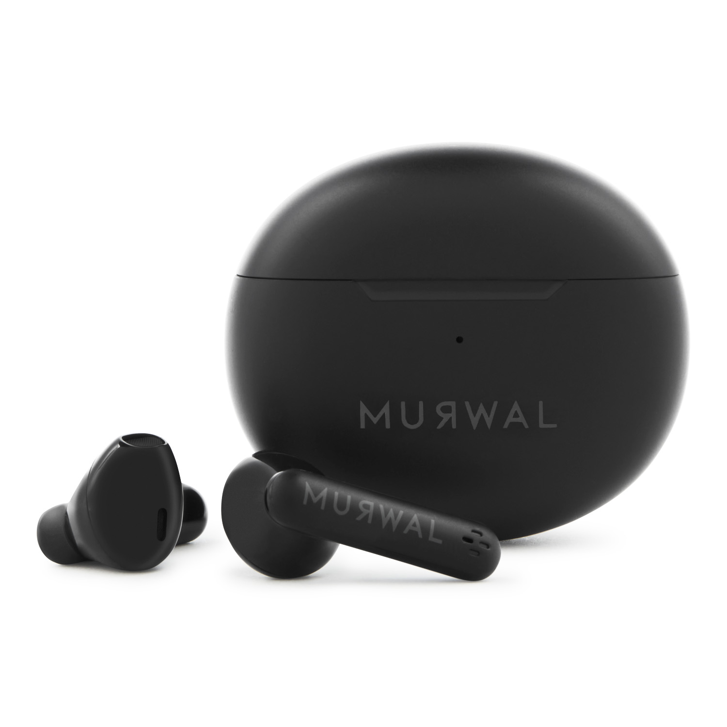 Un conjunto de auriculares inalámbricos negros y estuche de carga. El nombre de la marca MUЯWAL es visible en el estuche y un auricular.