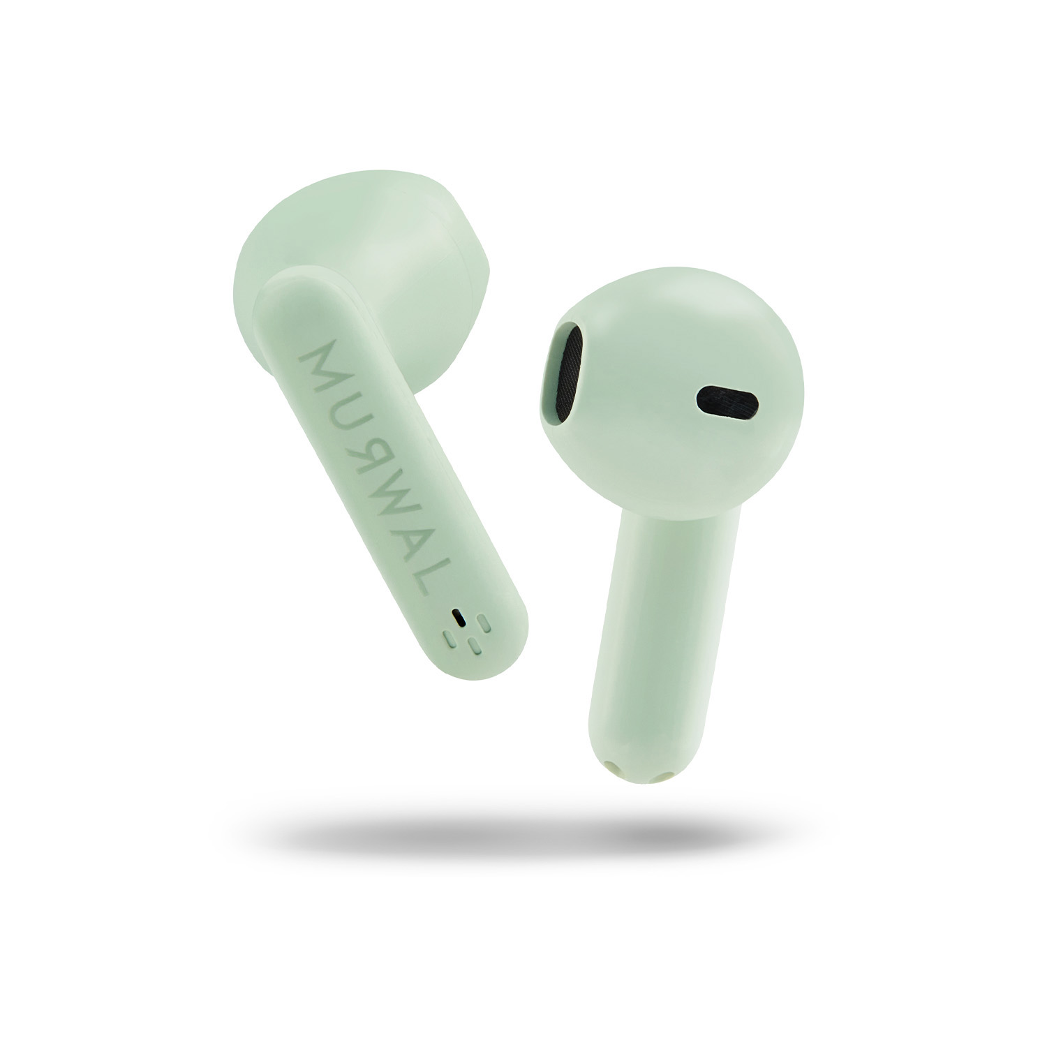 Dos auriculares inalámbricos verde menta. Uno muestra la marca 'MUЯWAL'. Sombras visibles debajo de los auriculares.