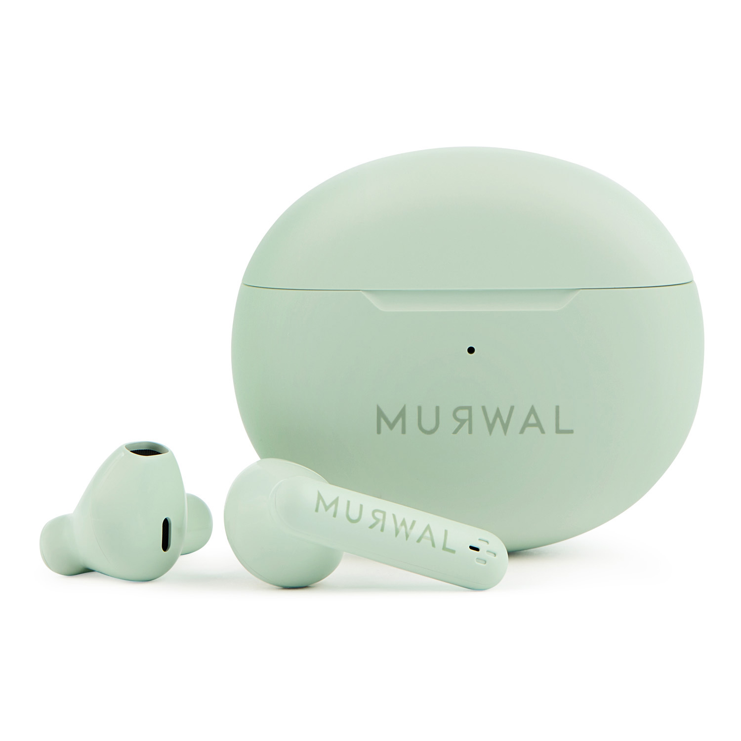Auriculares inalámbricos y estuche de carga verde menta sobre fondo blanco. Los auriculares están cerca del estuche. La marca es visible.