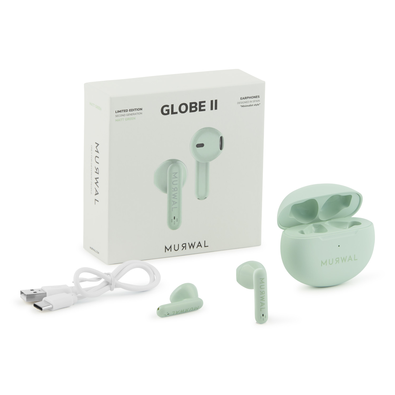La imagen muestra auriculares verde menta, estuche y caja. Hay un cable de carga blanco. La caja dice Globe II, Edición Limitada y Murwal.