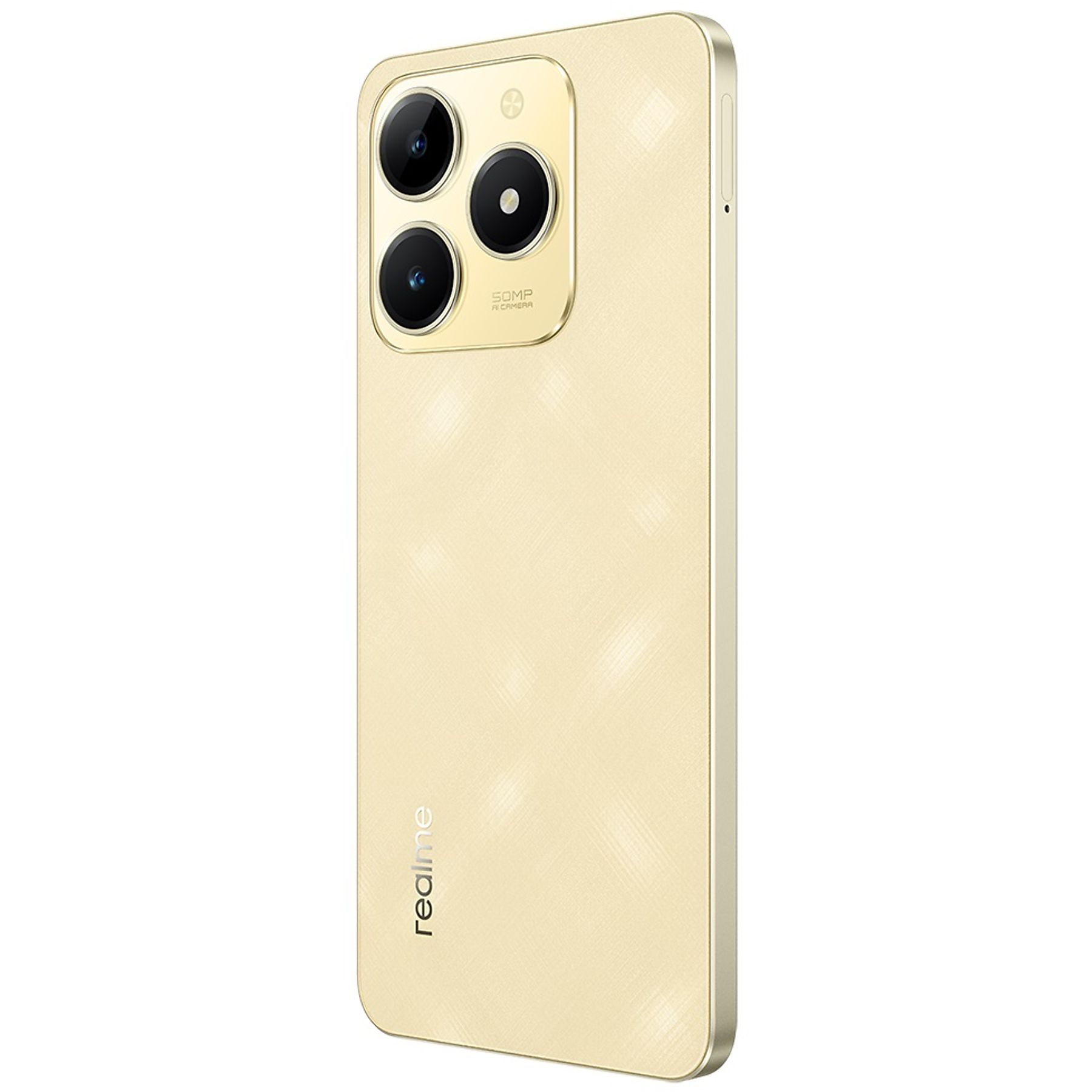 Üç kameralı, altın renkli akıllı telefon, Realme logosu ve dokulu arka yüzey.