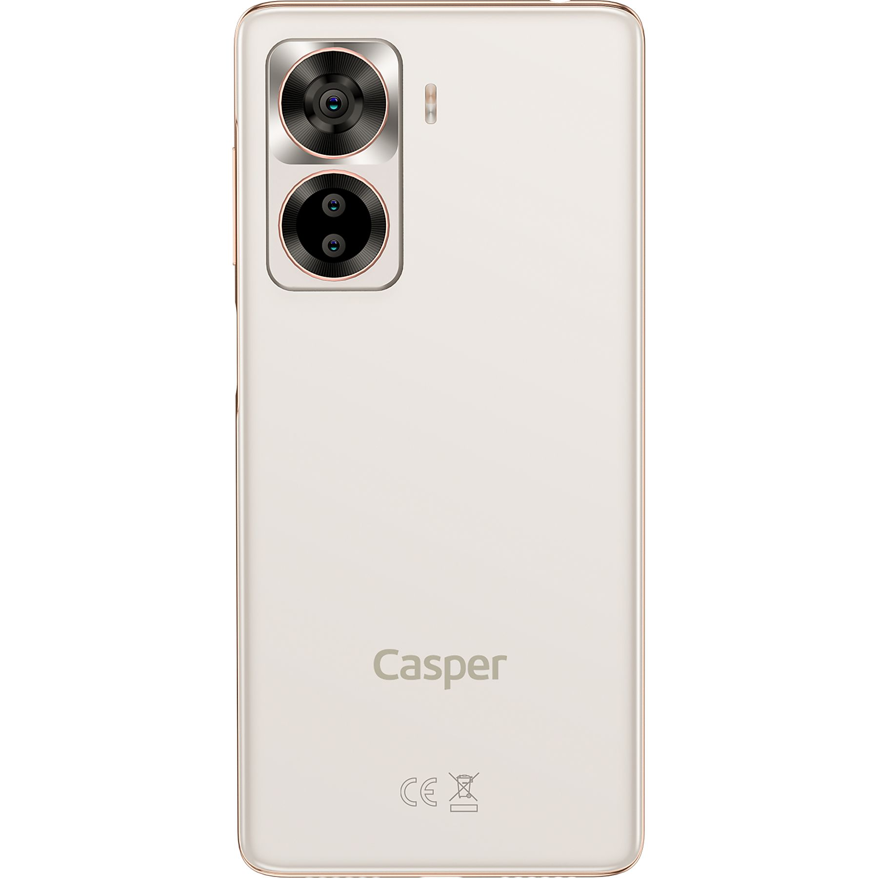 Bej Casper akıllı telefonun arkası. Çift kamera, marka adı ve CE işareti var.