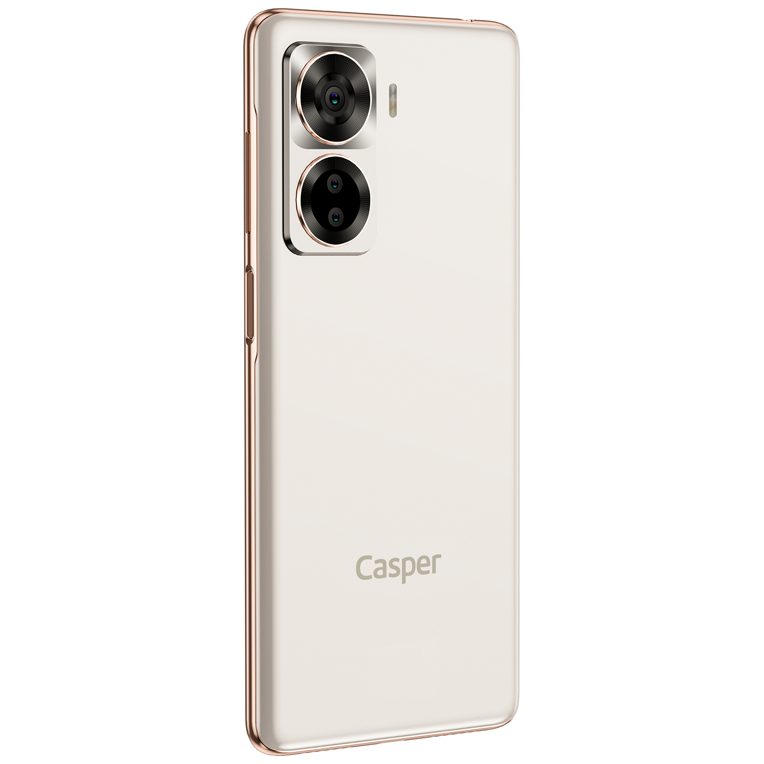 Krem renkli Casper akıllı telefon, iki arka kamerası, altın çerçevesi ve Casper logosu var. Telefon hafifçe açılı duruyor.