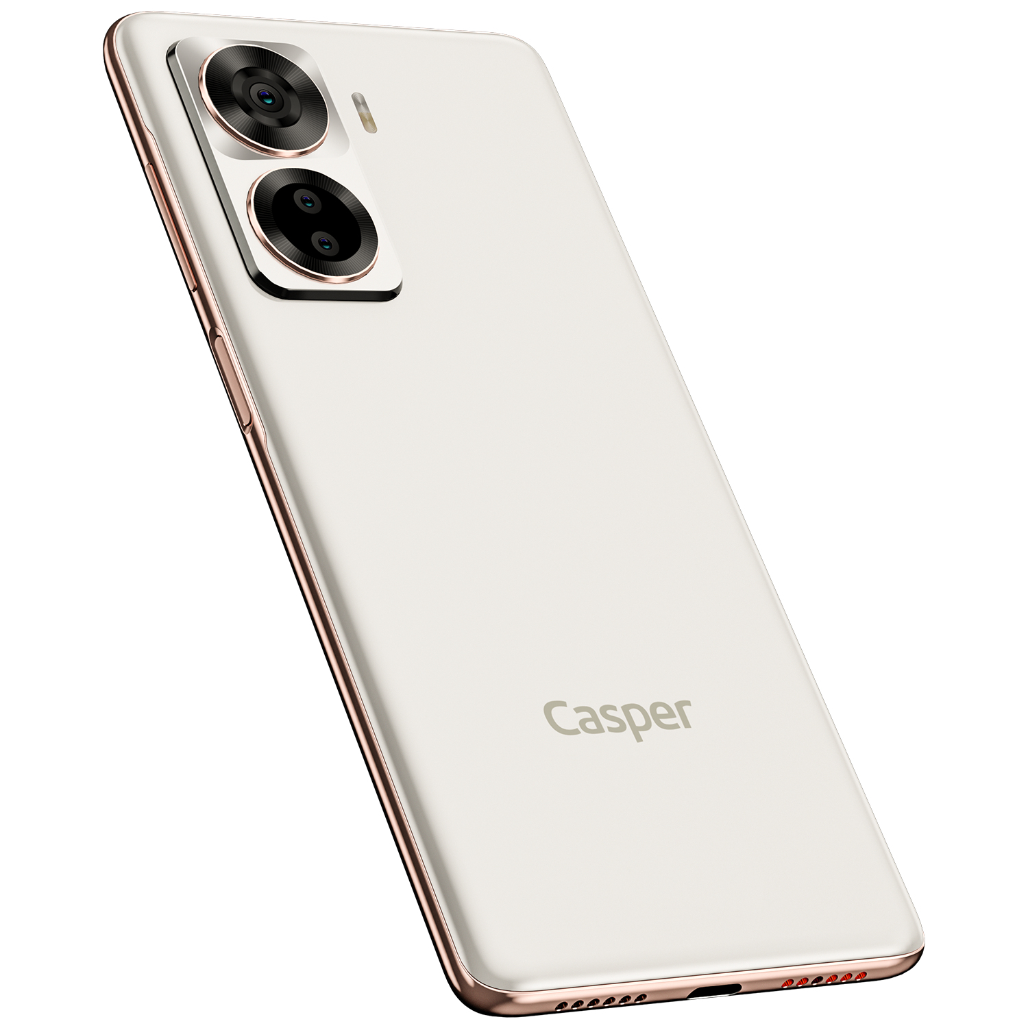 Çift kameralı, altın renkli çerçeveli ve arkasında marka adı yazan beyaz bir Casper akıllı telefon. Açılı görünüm.
