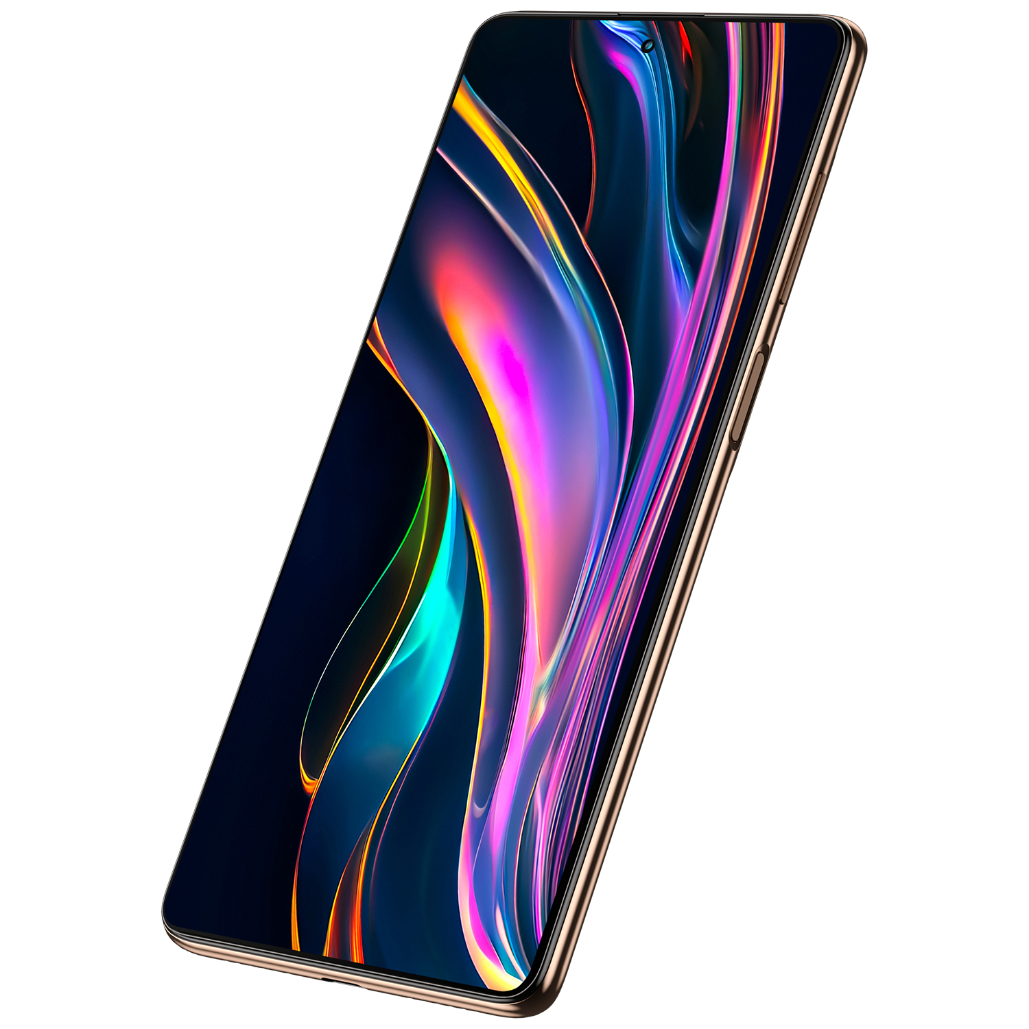 Ekranında renkli soyut bir arka plan bulunan bir akıllı telefon, beyaz bir arka plan üzerinde çapraz olarak görüntüleniyor.