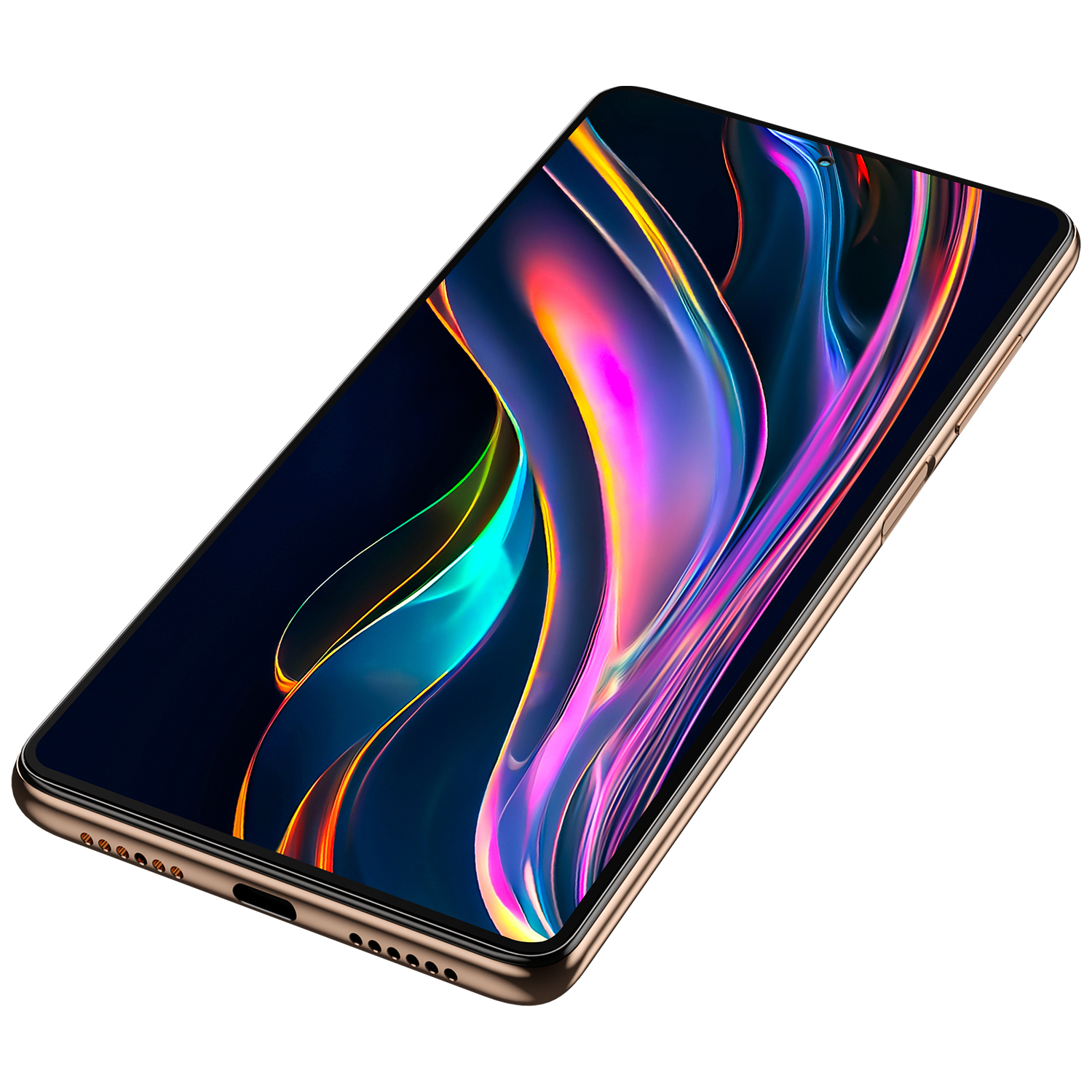 Renkli soyut bir ekrana sahip bir akıllı telefon. Altın rengi bir çerçeveye sahip ve beyaz bir arka plan üzerinde izleyiciye doğru açılı.