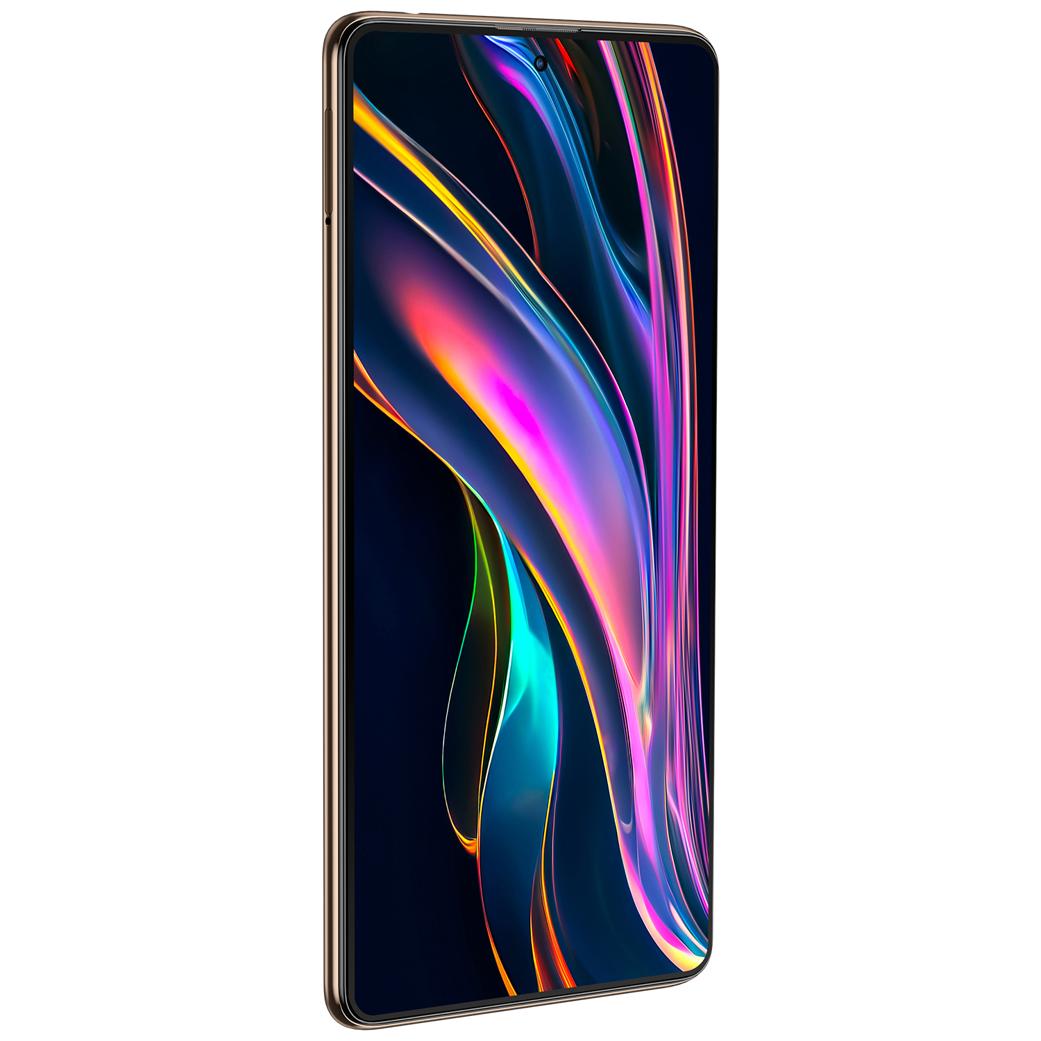 Ekranında renkli soyut bir tasarıma sahip bir akıllı telefon. Telefonun altın rengi bir çerçevesi ve koyu bir arka planı var.