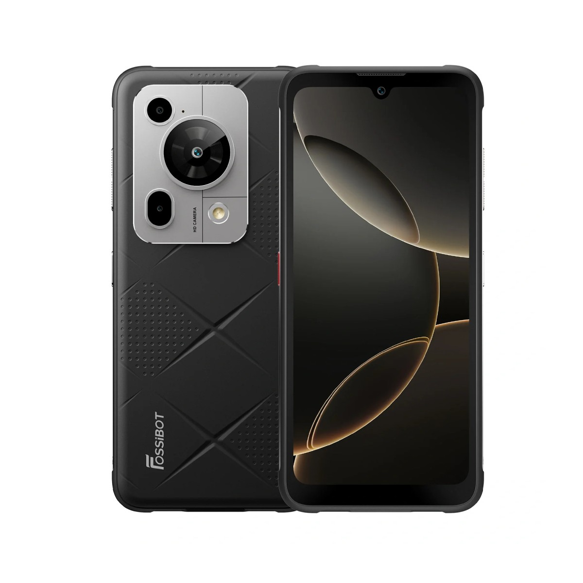 Uno smartphone nero con un ampio modulo fotocamera. Lo schermo è acceso, mostrando un design dorato astratto. Il telefono ha un retro strutturato.