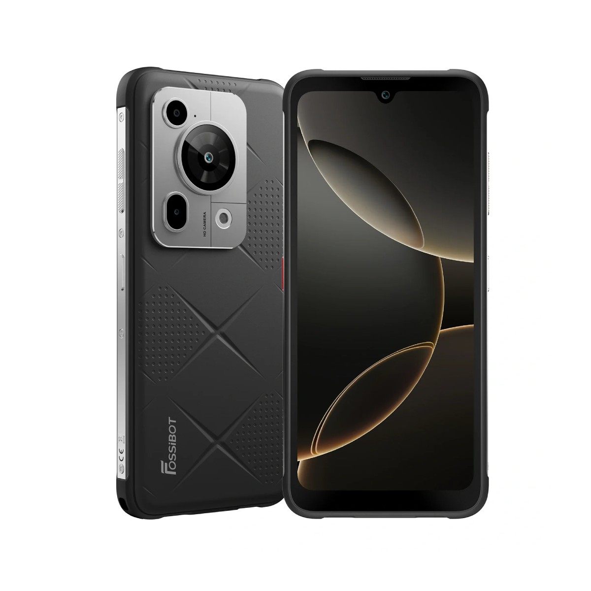 Due smartphone neri, uno che mostra lo schermo, l'altro con un modulo fotocamera. I telefoni sono su una superficie bianca.