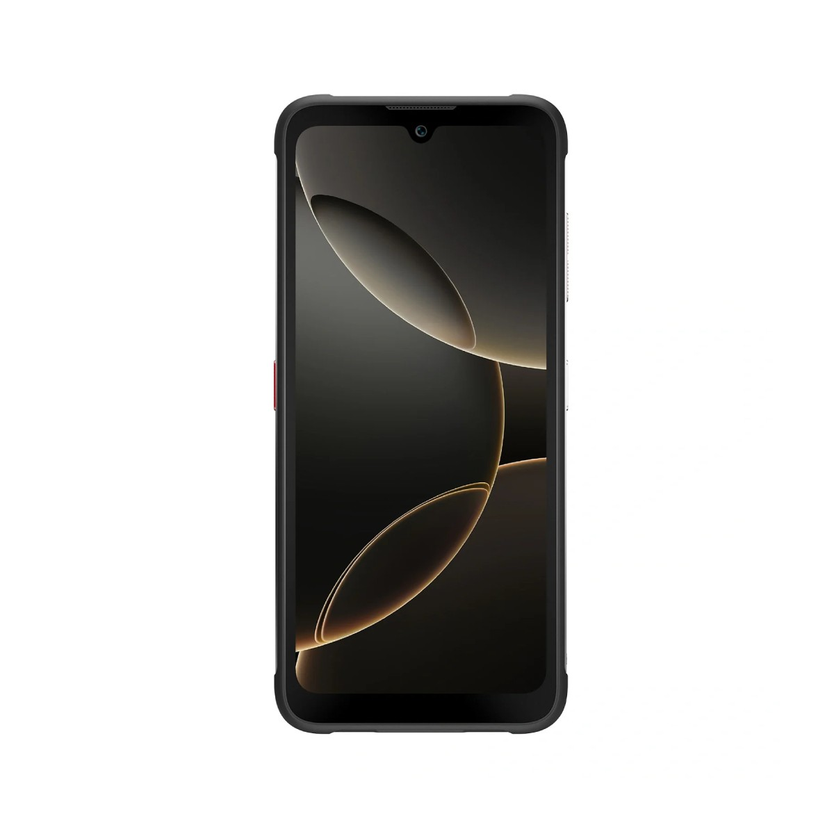 Uno smartphone nero con schermo scuro che mostra linee dorate astratte. Ha una cornice nera e un pulsante rosso.