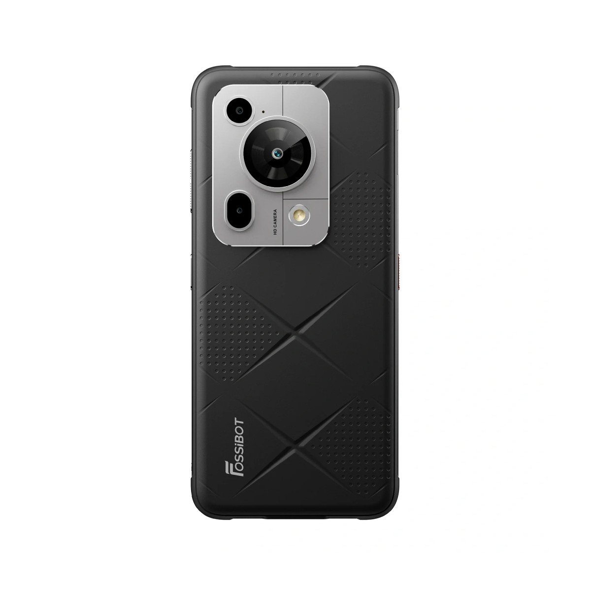 Retro smartphone nero. Modulo fotocamera argento con tre lenti. Motivo a diamante sul retro. Logo FOSSIBOT.