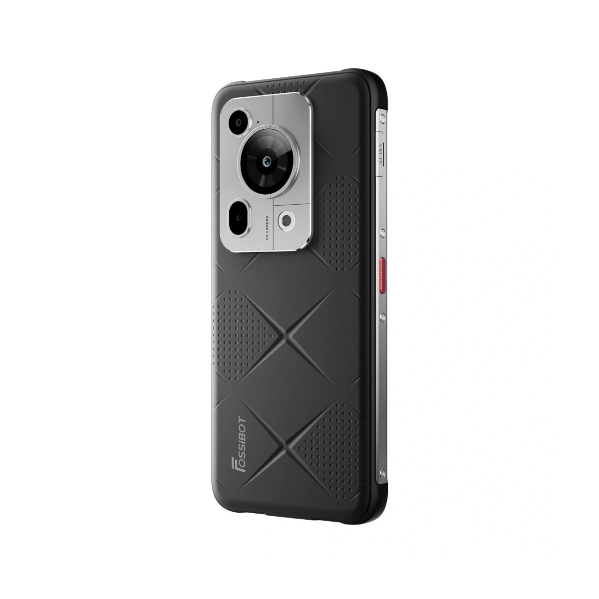Uno smartphone nero con modulo fotocamera argentato, con più lenti. Il telefono ha un retro strutturato e il logo 'fossilbot'.