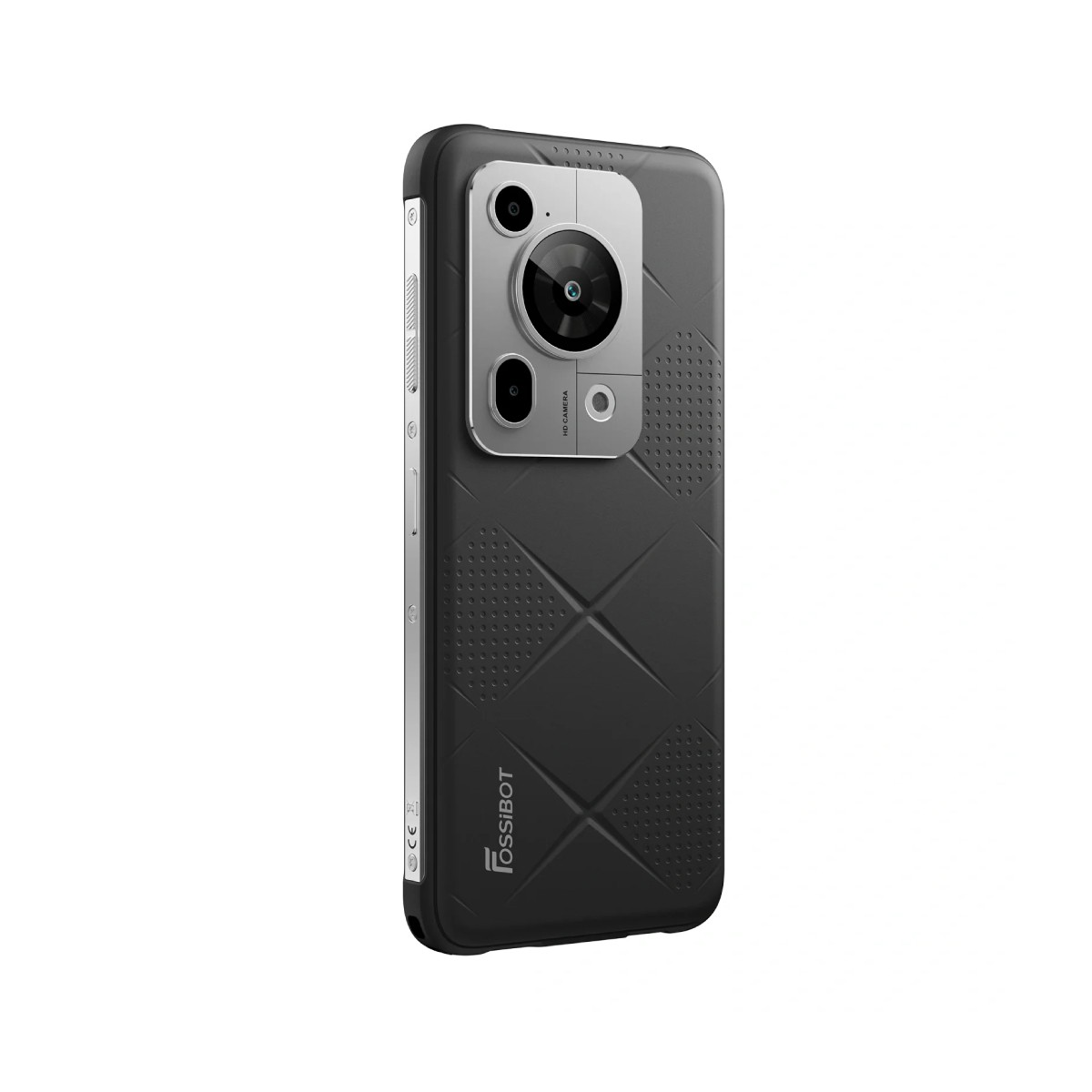 Uno smartphone nero con modulo fotocamera argentato, con più lenti. Il telefono ha un retro strutturato e il marchio FOSSiBOT.