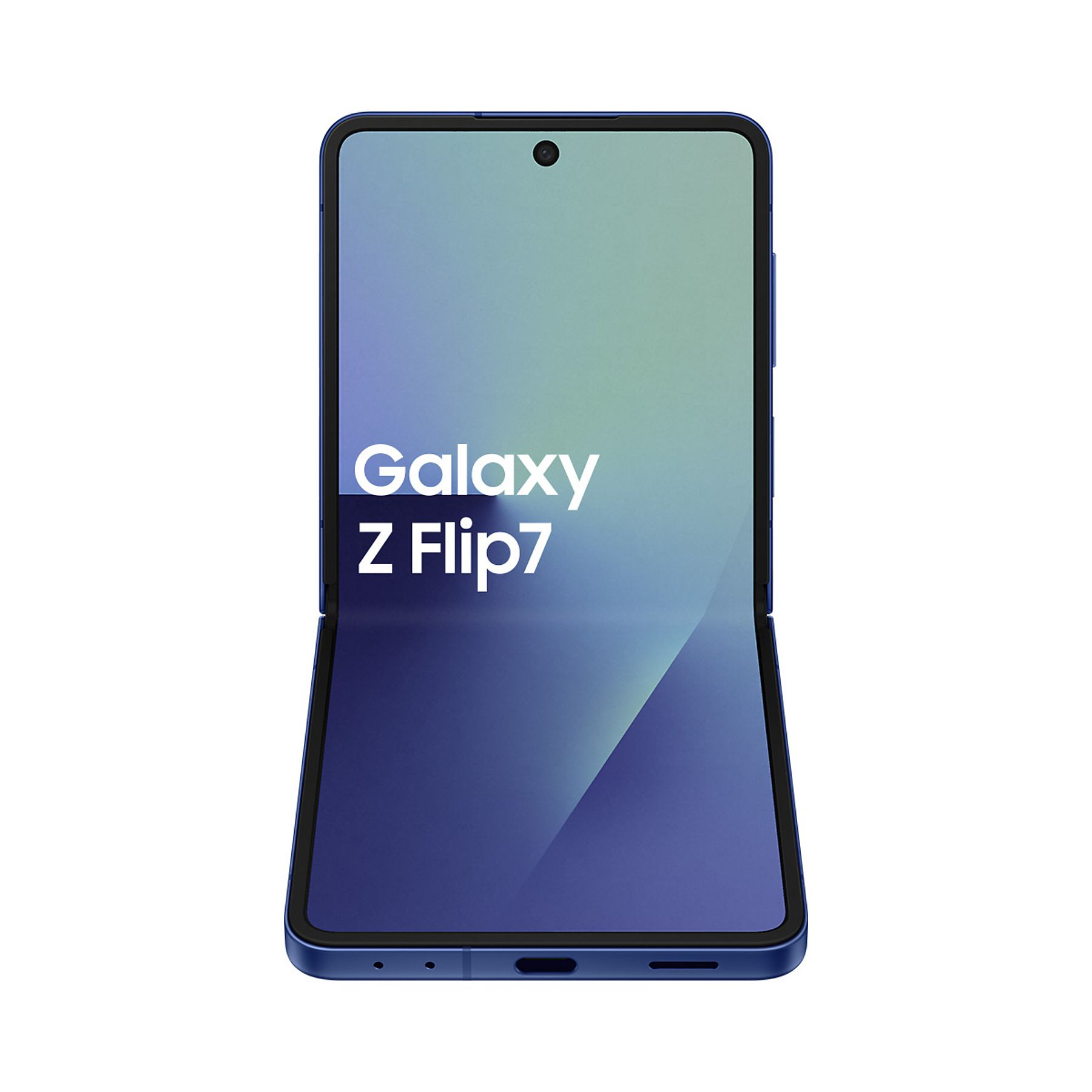 Açık konumda mavi bir Samsung Galaxy Z Flip7 telefonu, telefonun adı ekranda. Arka plan beyazdır.