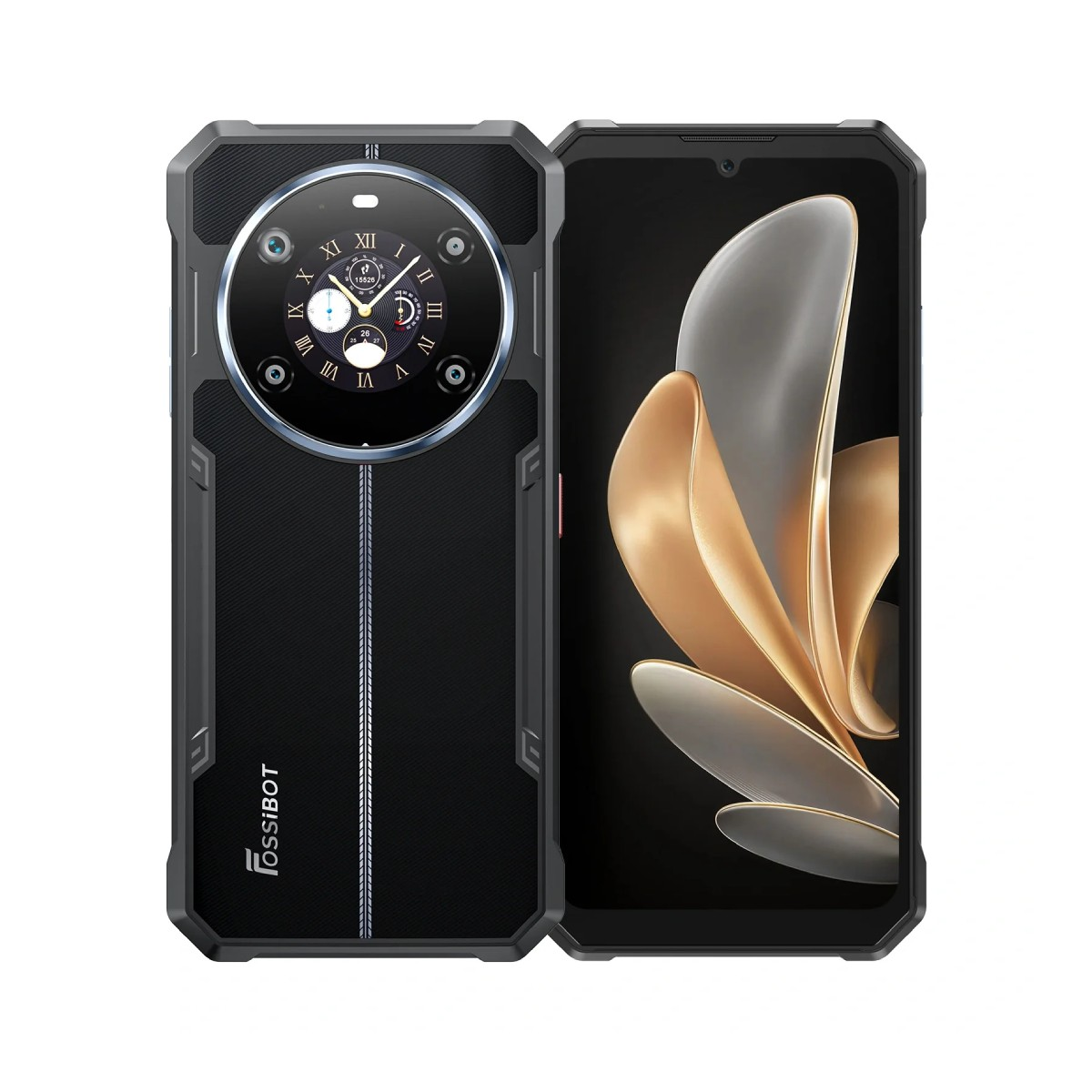 Smartphone nero dal design unico. Presenta una fotocamera rotonda, display a forma di orologio e forme astratte.