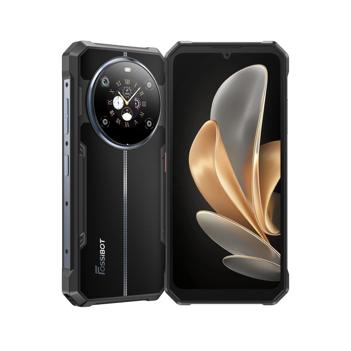 Smartphone nero con un design della fotocamera unico e uno schermo che mostra forme astratte, su sfondo bianco.