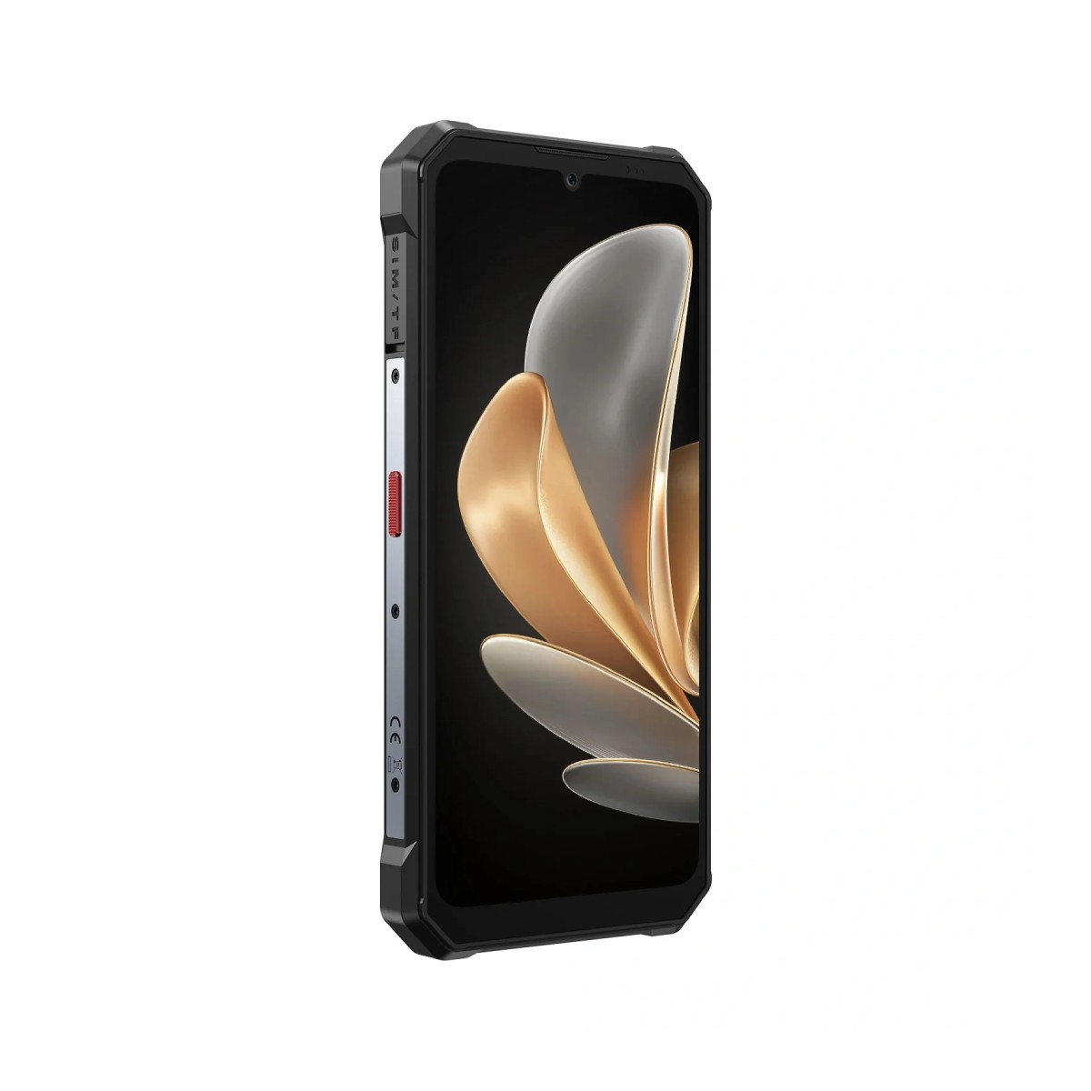 Uno smartphone nero dal design robusto. Lo schermo mostra un design astratto oro e argento. Il lato presenta pulsanti e porte.