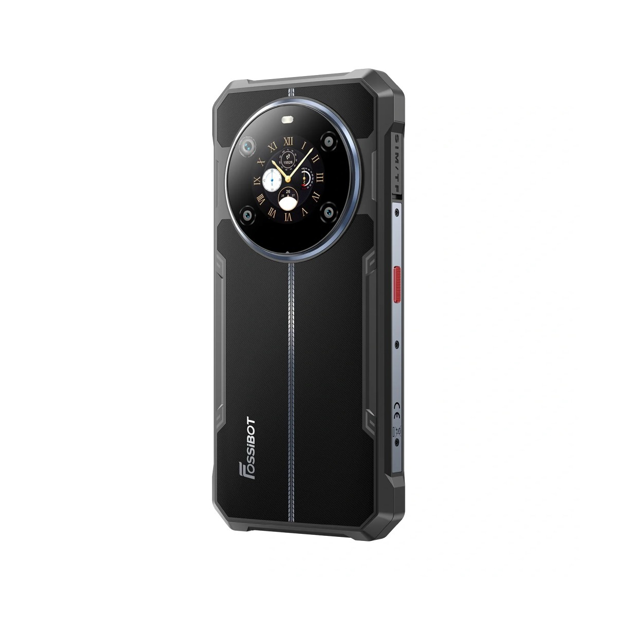 Uno smartphone nero con modulo fotocamera rotondo. Ha un design a orologio, il marchio FOSSIBOT e un pulsante rosso laterale.