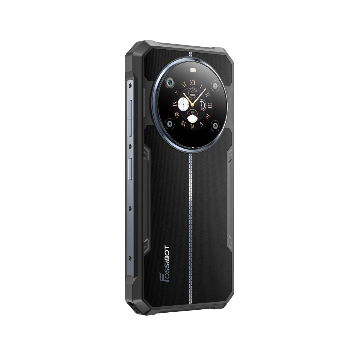 Uno smartphone nero con un modulo fotocamera rotondo simile a un quadrante. Il telefono ha un design robusto e il marchio 'Fossibot'.