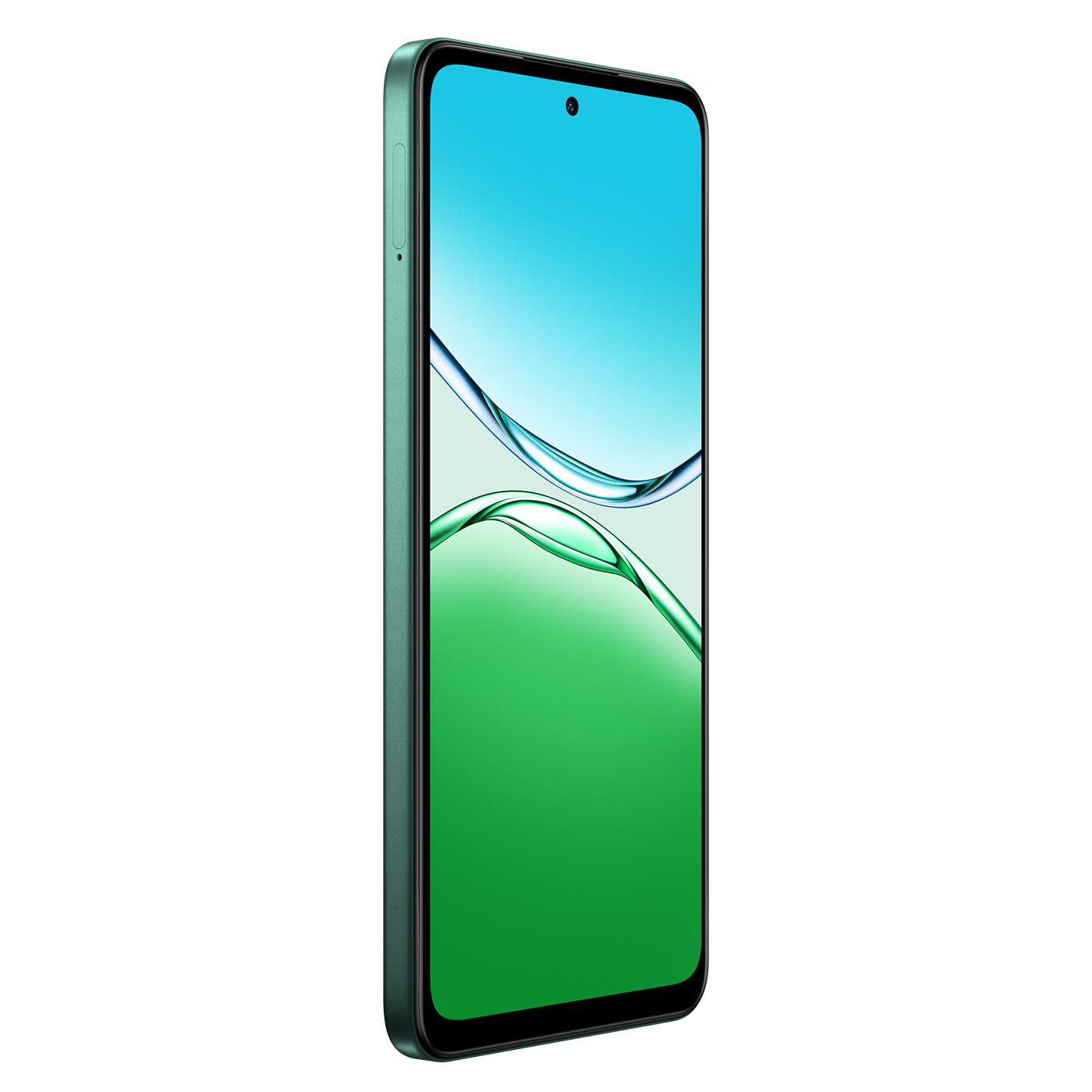 Beyaz bir arka plan üzerinde, sağa doğru hafifçe eğimli, mavi ve yeşil dalgaları gösteren degrade bir ekrana sahip yeşil bir akıllı telefon.