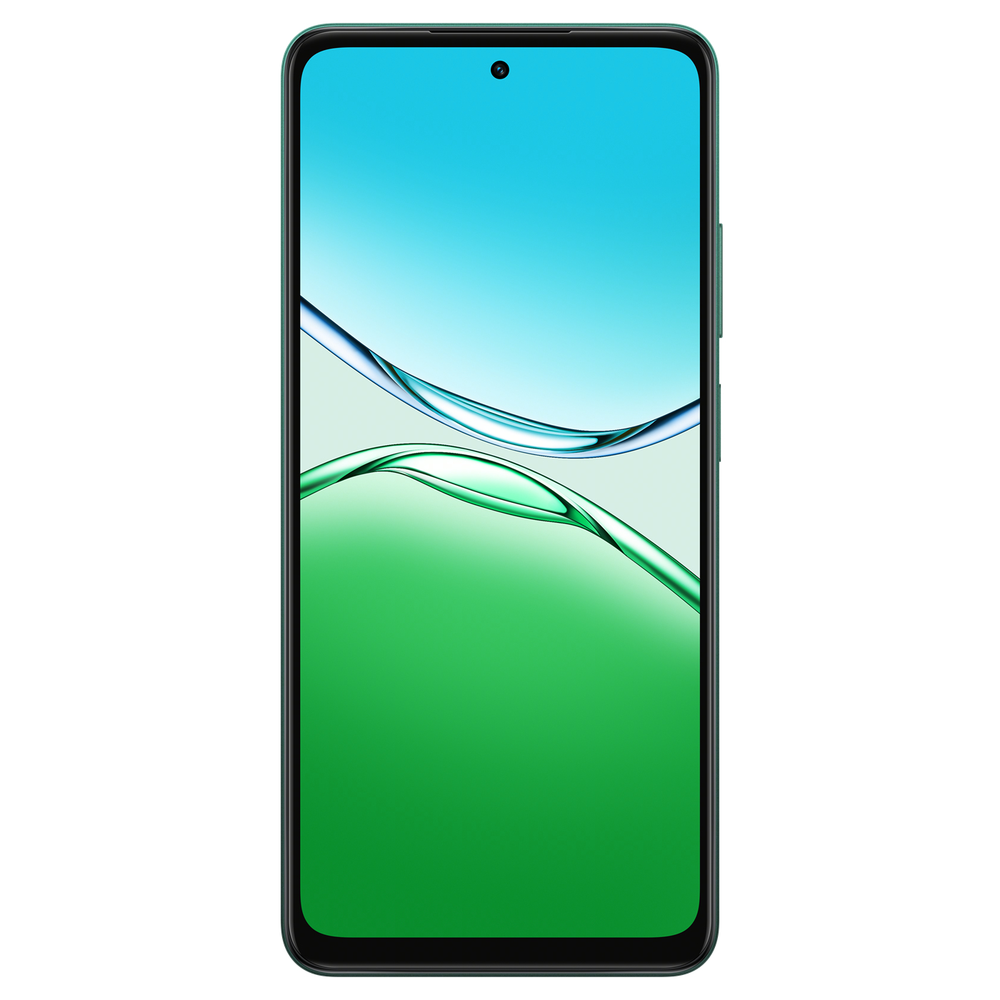 Yeşil çerçeveli ve mavi-yeşil soyut su benzeri grafikler gösteren bir ekranı olan bir akıllı telefon.