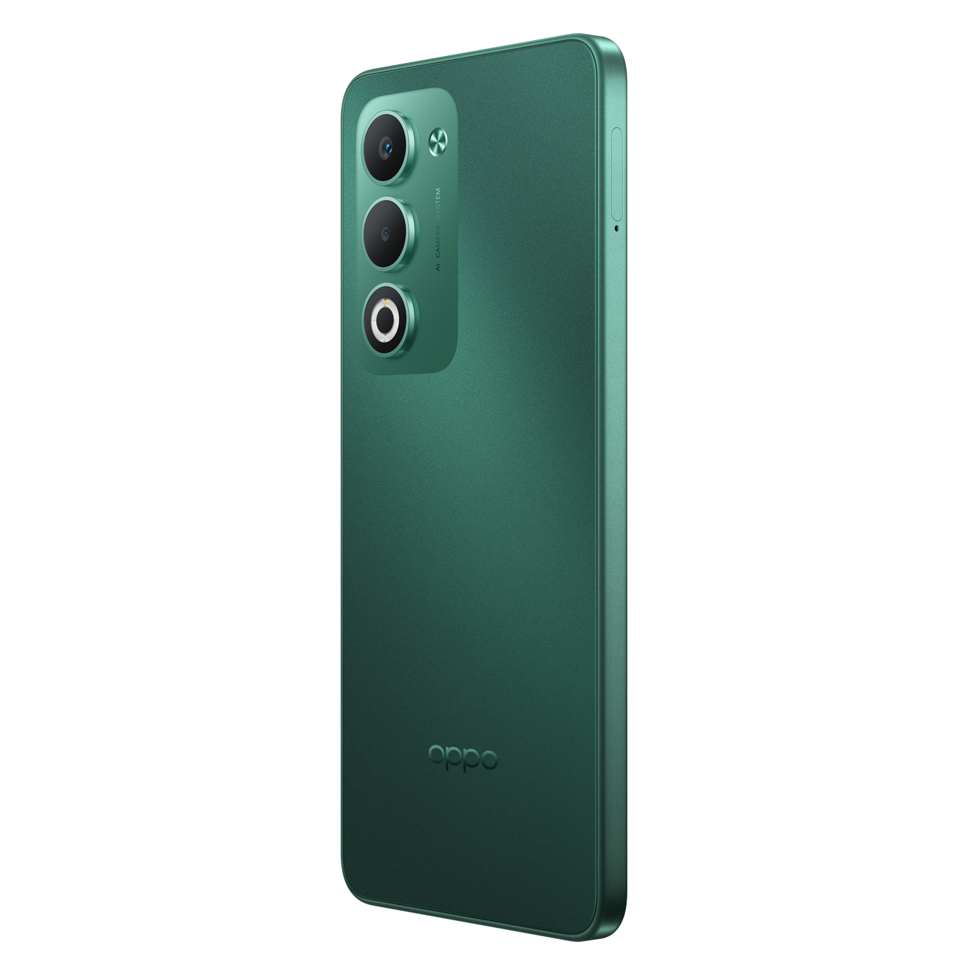 Üç kameralı ve Oppo logolu yeşil bir akıllı telefon. Telefon hafif açılı, yan düğmeler görünüyor.