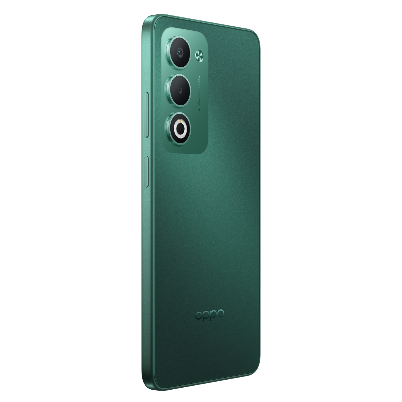 Üç kameralı ve Oppo logolu yeşil bir akıllı telefon. Telefon dikey konumdadır.