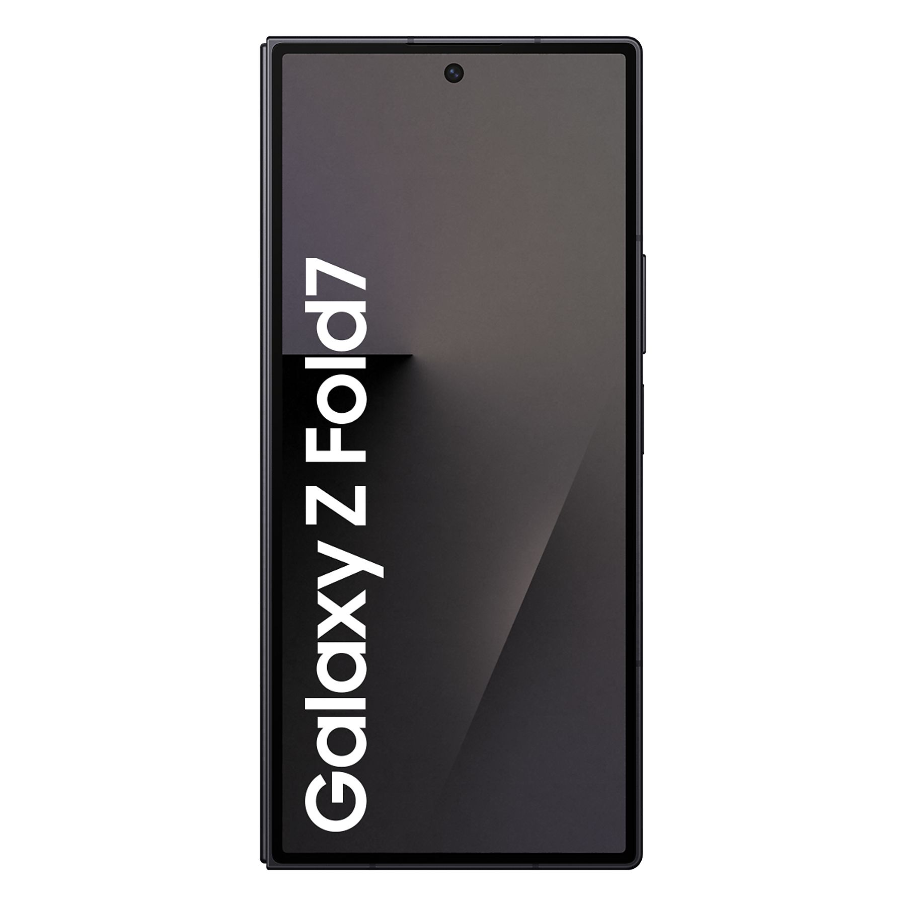 Siyah Samsung Galaxy Z Fold7 telefonu, koyu bir gradyan gösteren ekran. Beyaz metin 'Galaxy Z Fold7' yazıyor.