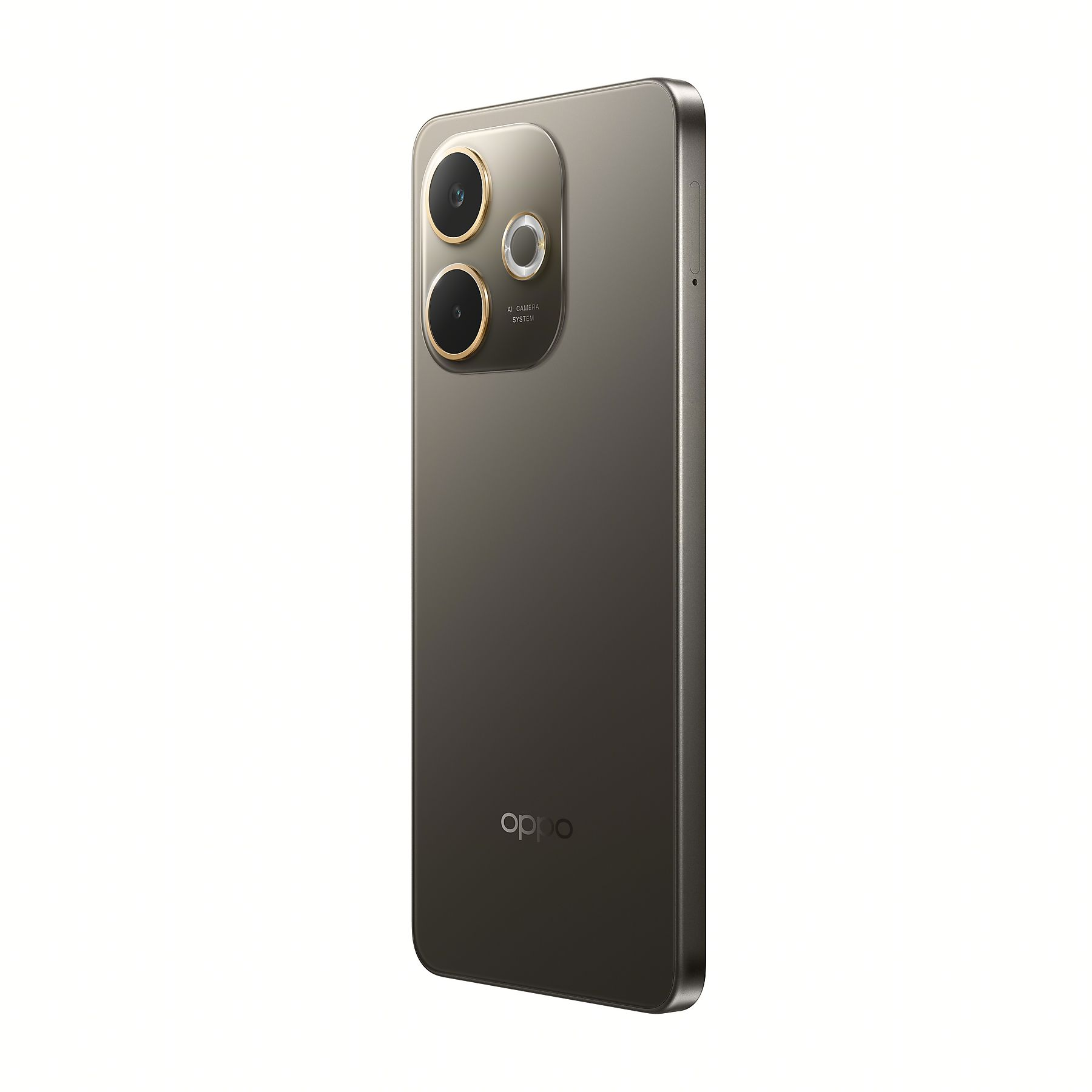 Koyu gri bir Oppo akıllı telefon sağa doğru açılı. Üç kamera merceği ve Oppo logosu var.