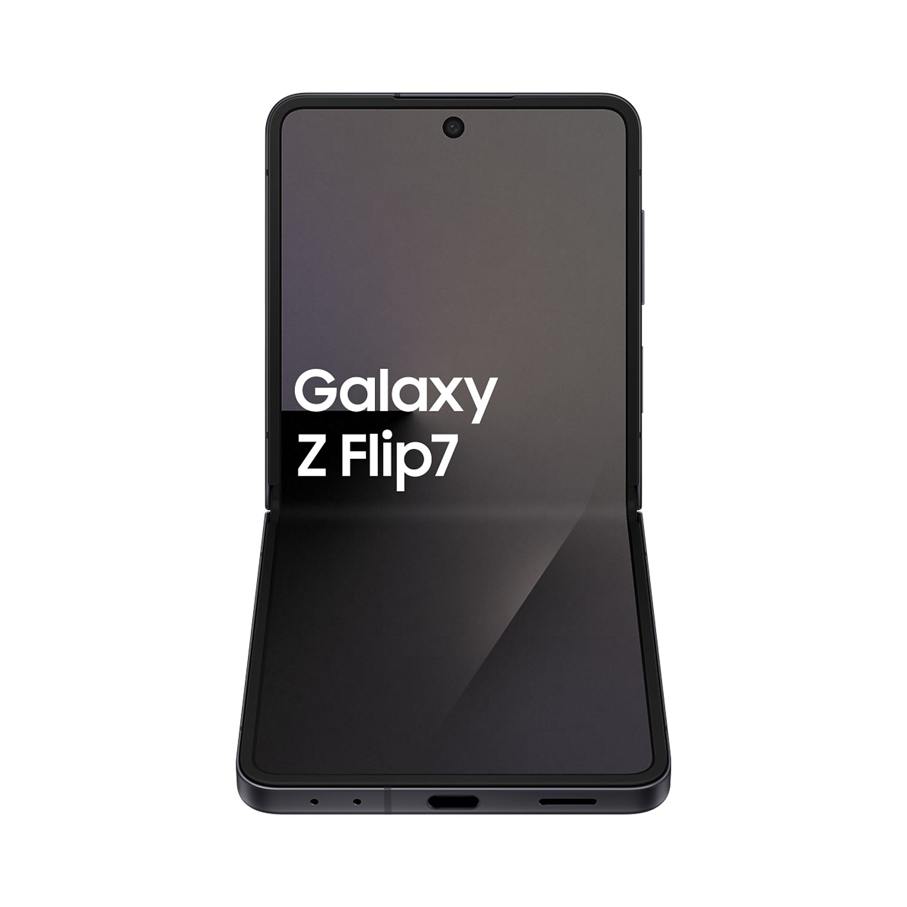 Siyah Samsung Galaxy Z Flip7 katlanabilir telefon, açık. Ekran, telefonun adını beyaz harflerle gösteriyor.