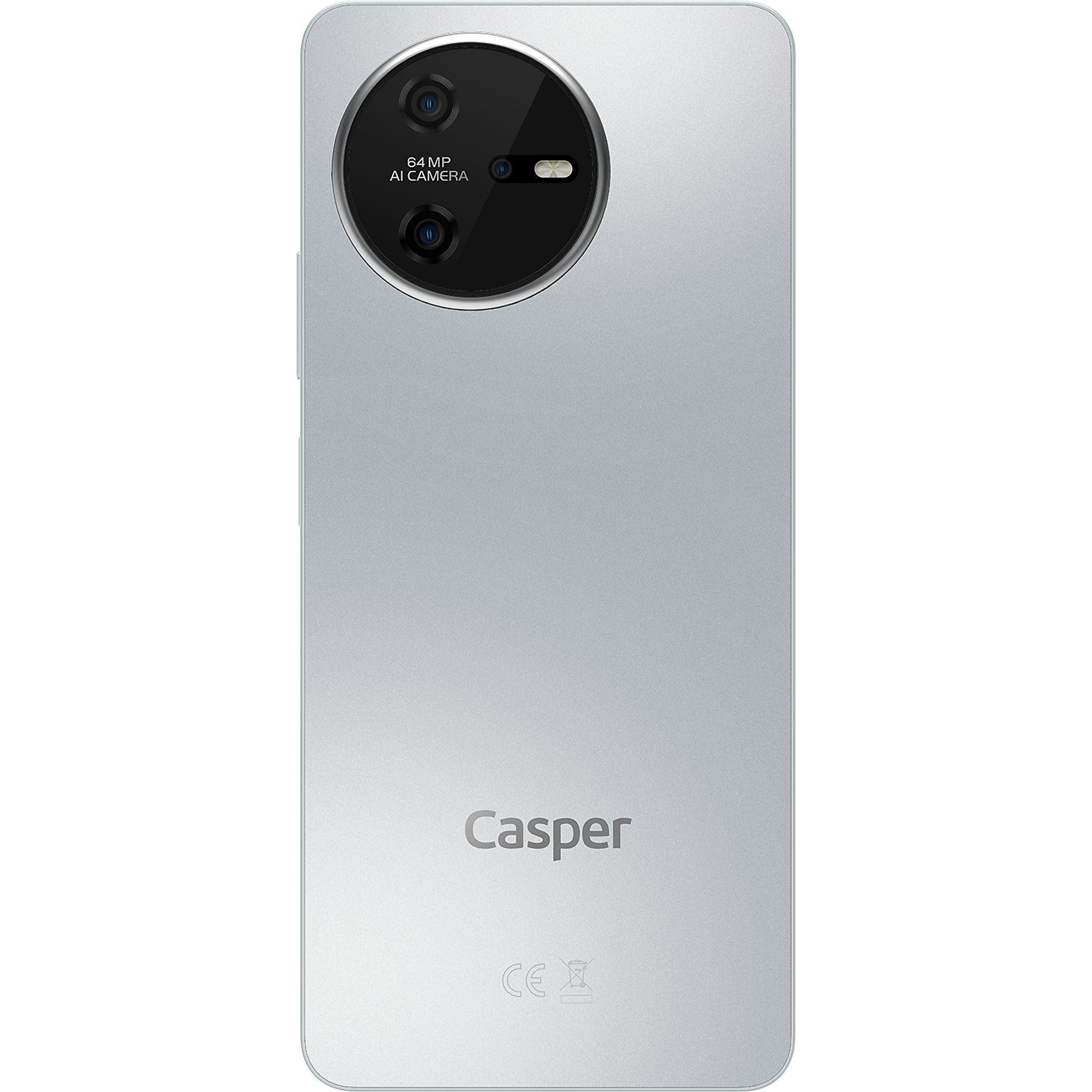 Gümüş Casper akıllı telefon arkası. Kamera modülü, marka adı ve CE işareti içerir.