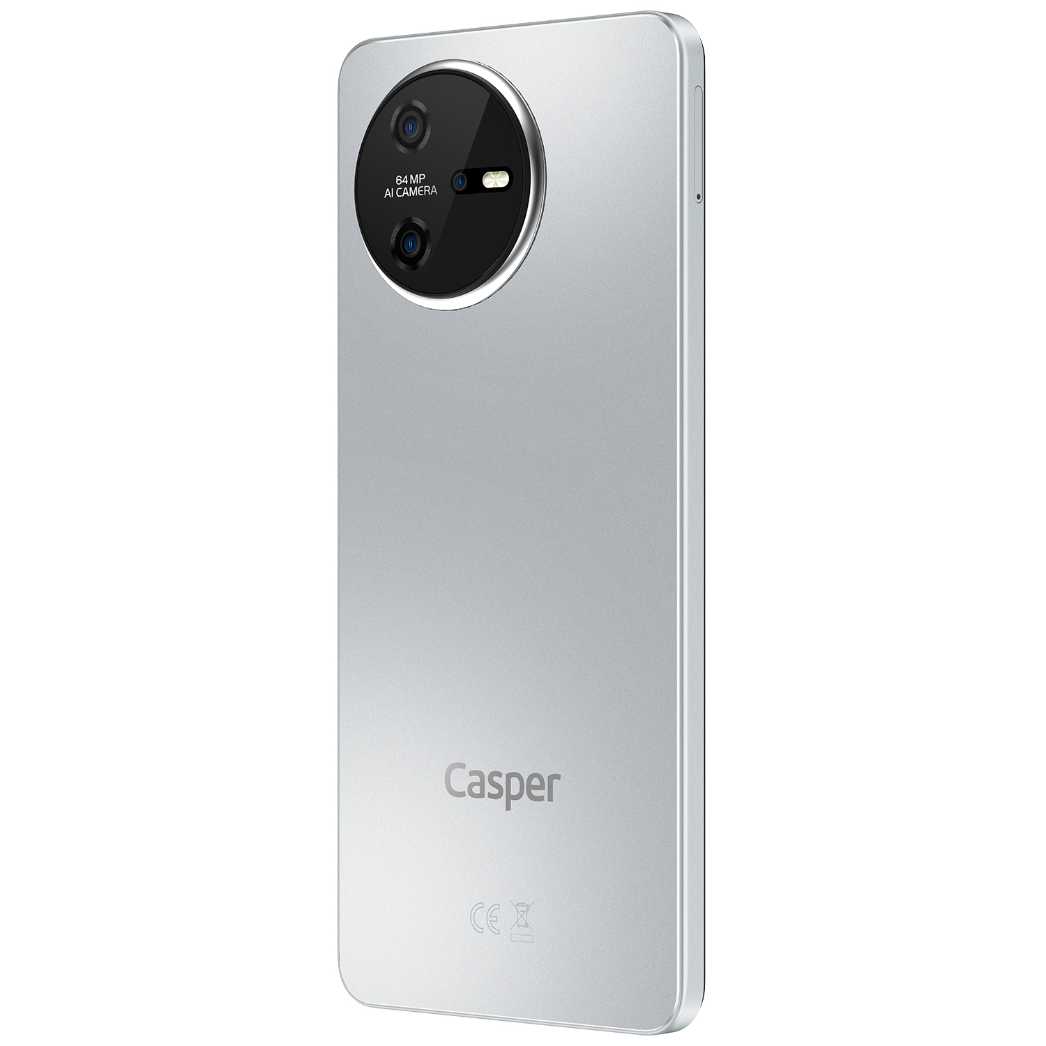 Beyaz zemin üzerinde gümüş renkli bir Casper akıllı telefon. 64 MP yapay zeka kameralı dairesel bir kamera modülüne sahip. Marka adı görünür.
