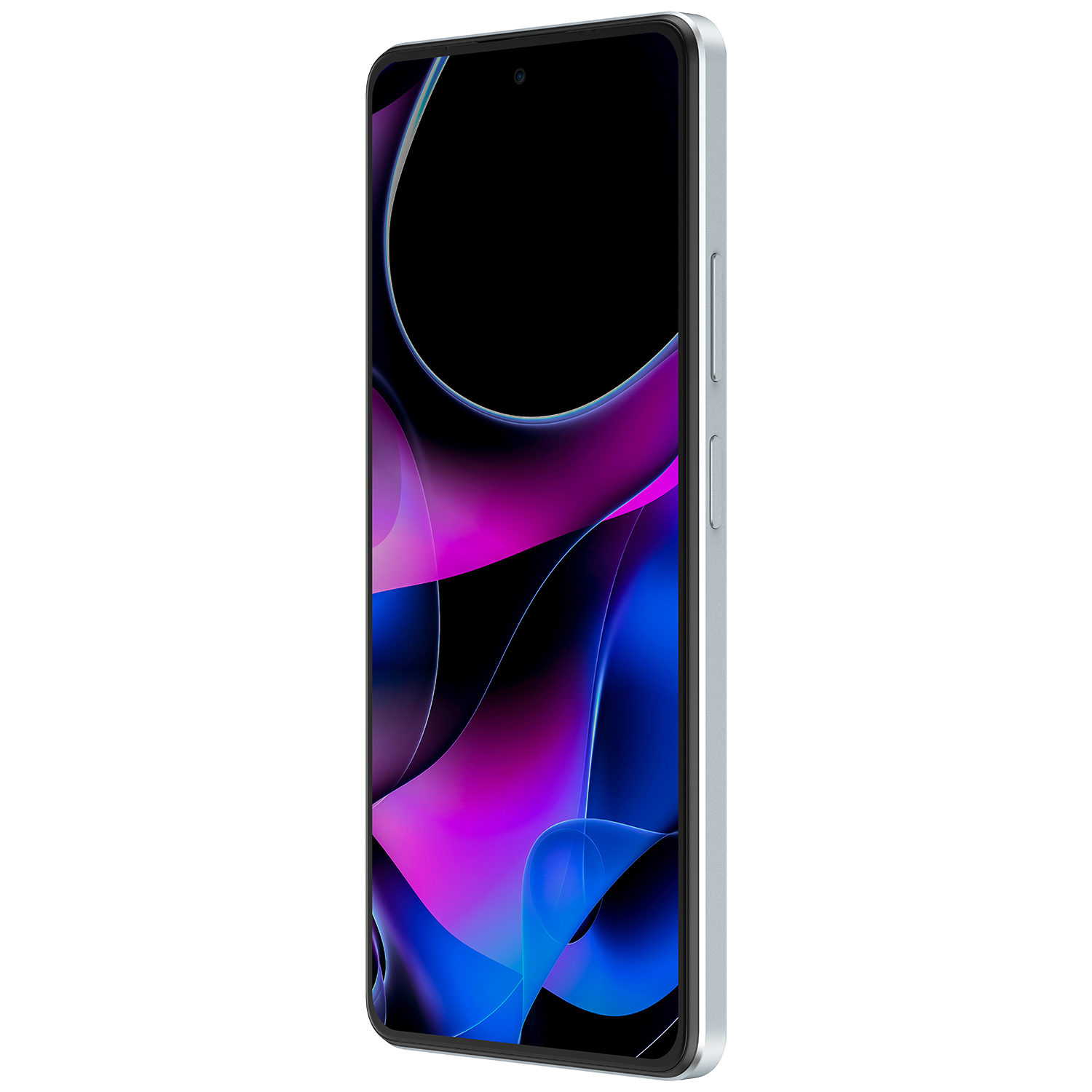 Sağa doğru açılı bir gümüş akıllı telefon. Ekran, mor, mavi ve siyah girdaplardan oluşan renkli, soyut bir tasarım görüntülüyor.