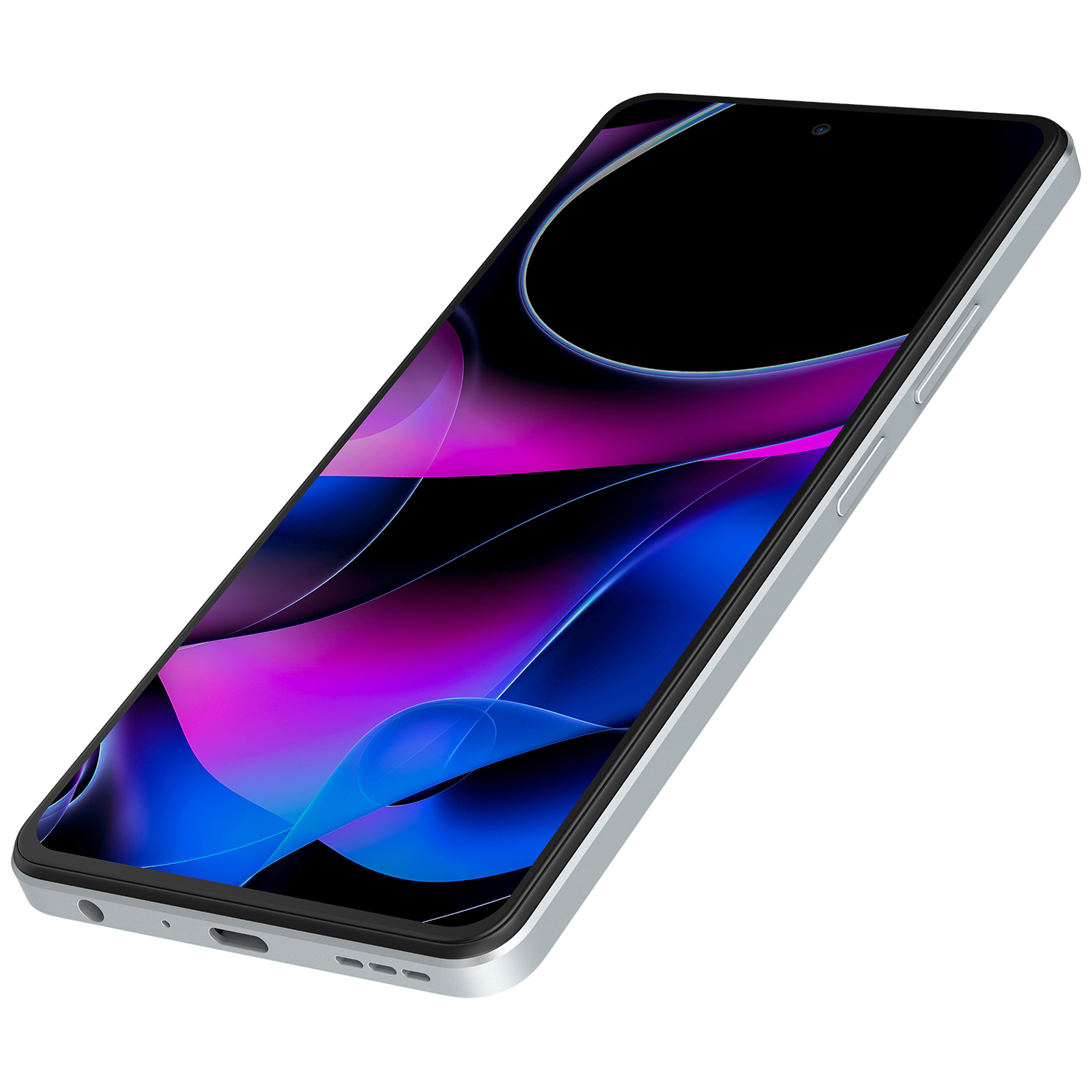 Mor ve mavi soyut sanat gösteren siyah ekranlı gümüş bir akıllı telefon.